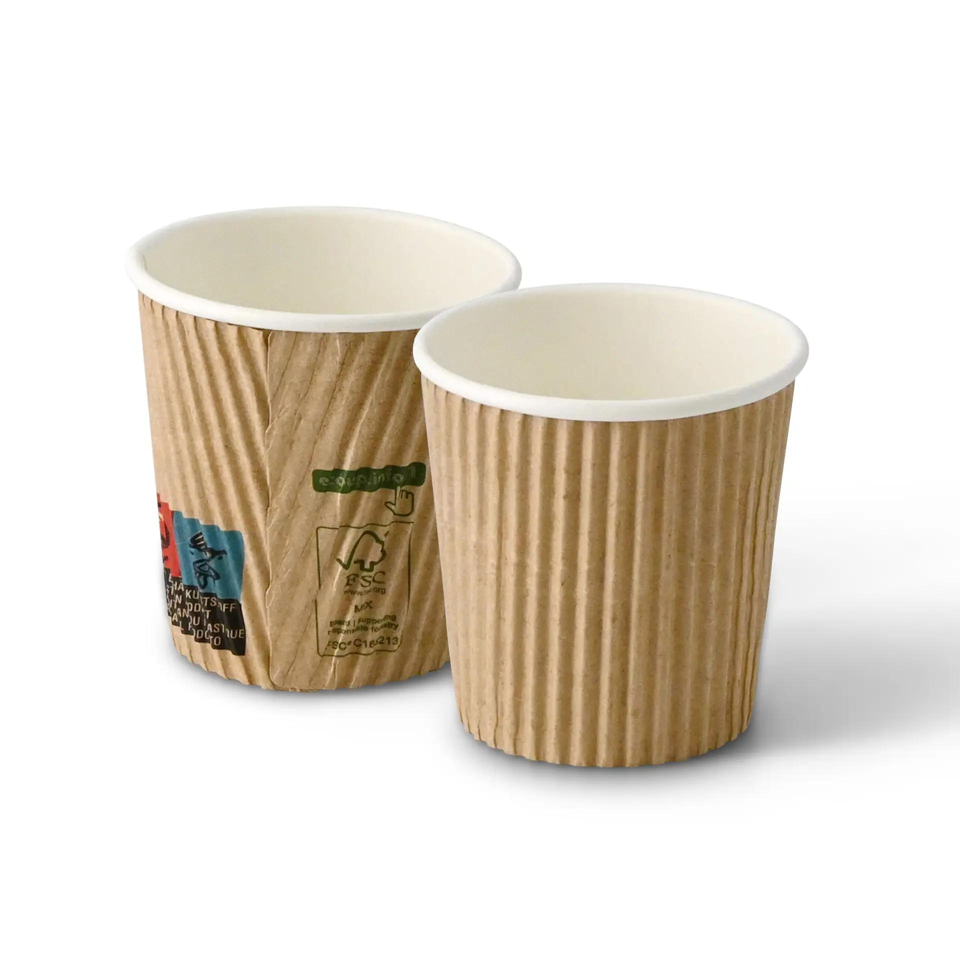 Due bicchieri rigati da 4 oz con esterno marrone e interno bianco, uno leggermente dietro l'altro.