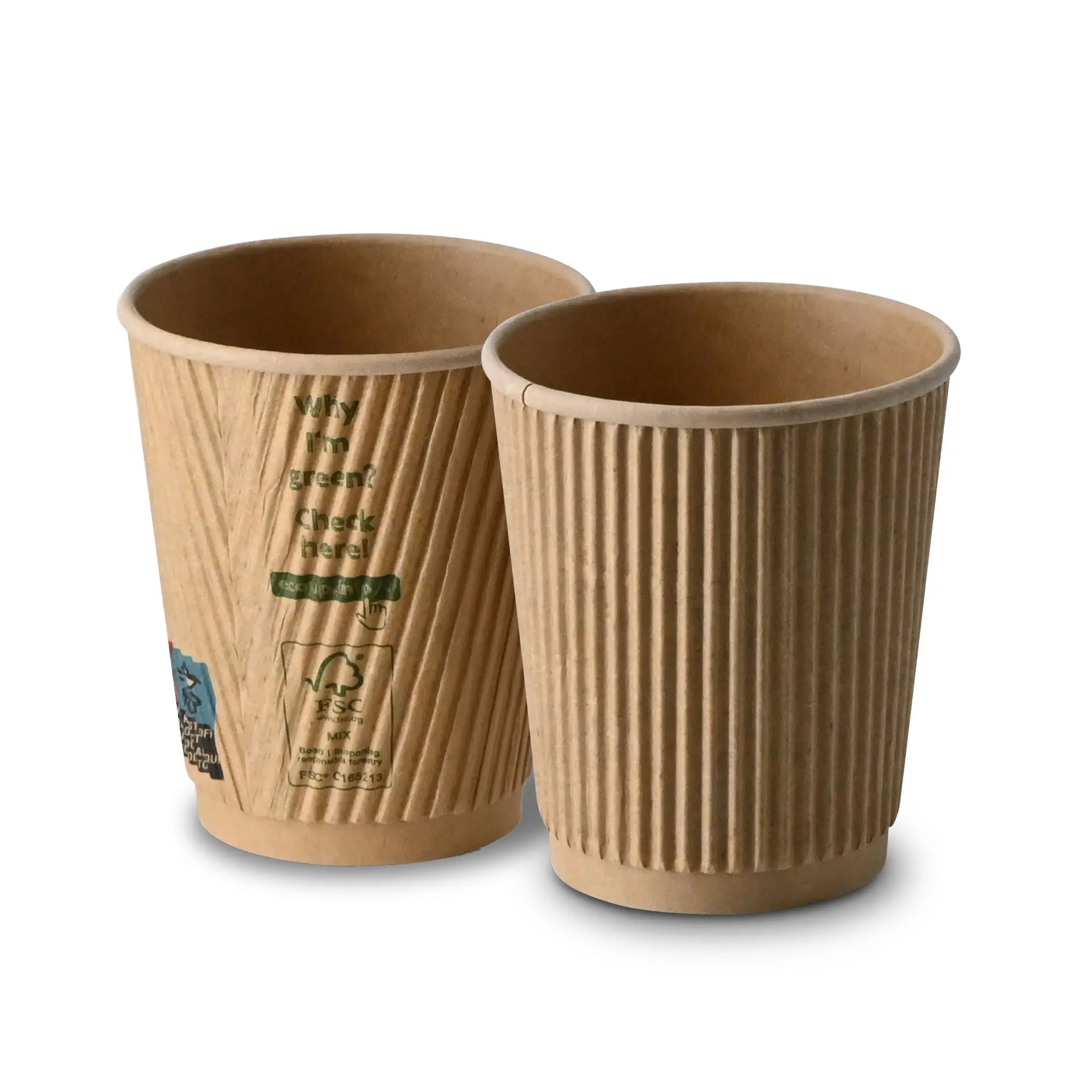 Una tazza da caffè marrone a ondulazione con rivestimento interno in PLA; un'altra tazza simile sullo sfondo. Entrambe progettate per bevande calde.