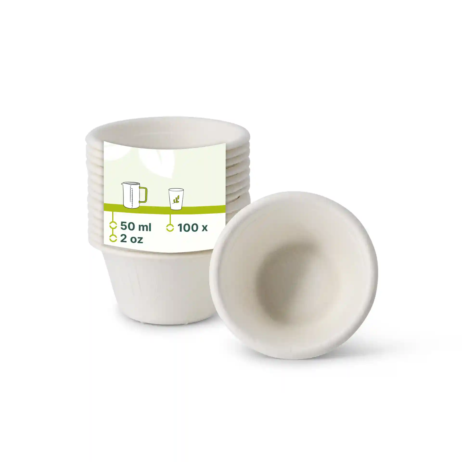 Ciotole per salsa in bagassa bianche, capacità di 50 ml, impilate con una ciotola capovolta per mostrare l'interno.