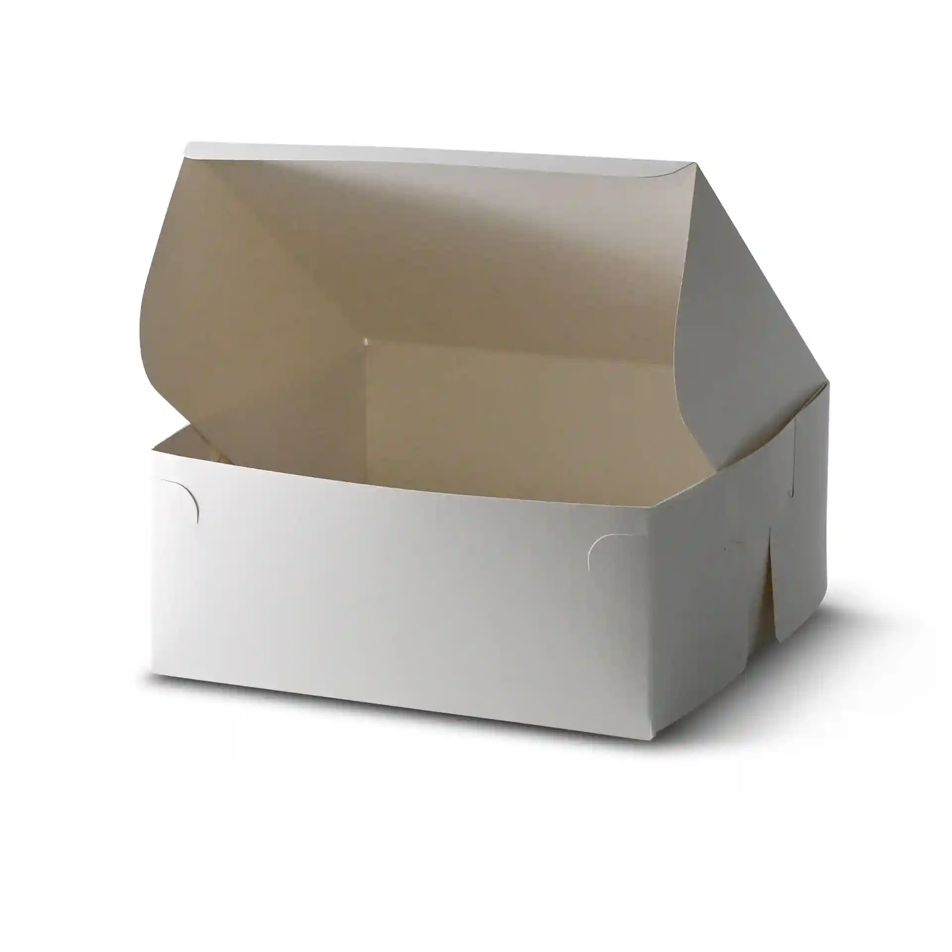 Scatola per torte bianca con coperchio aperto, misura 23 x 23 x 10 cm.