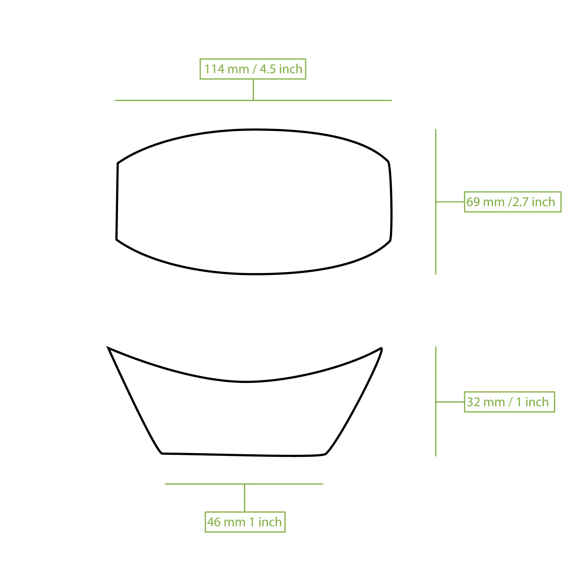 Disegno schematico di un oggetto a forma di barca con dimensioni etichettate in millimetri e pollici.