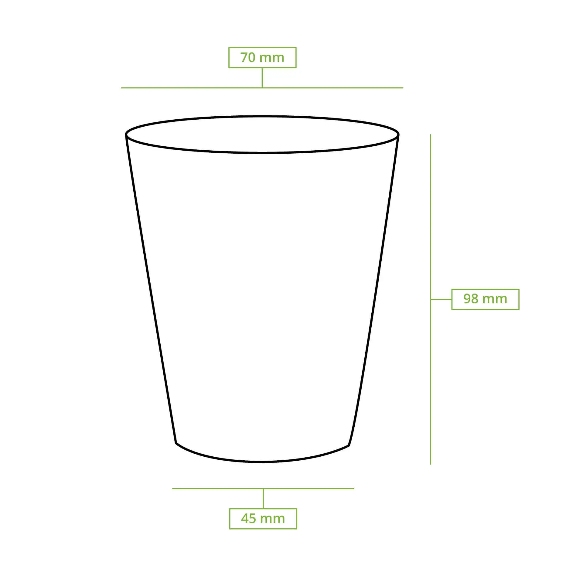 Disegno schematico di un bicchiere di carta rotondo con dimensioni: altezza 92 mm, diametro superiore 70 mm, diametro inferiore 45 mm.