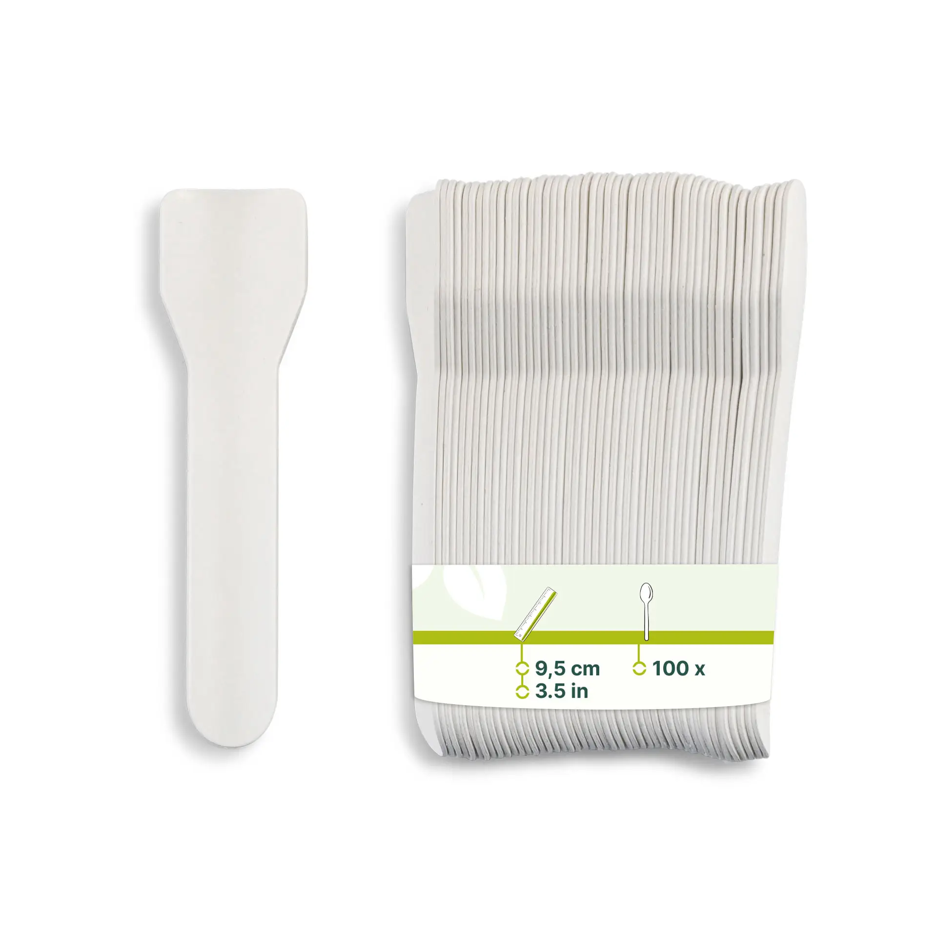 Una spatola per gelato in carta bianca, lunga 9,5 cm, con un pacchetto di spatole simili dietro.