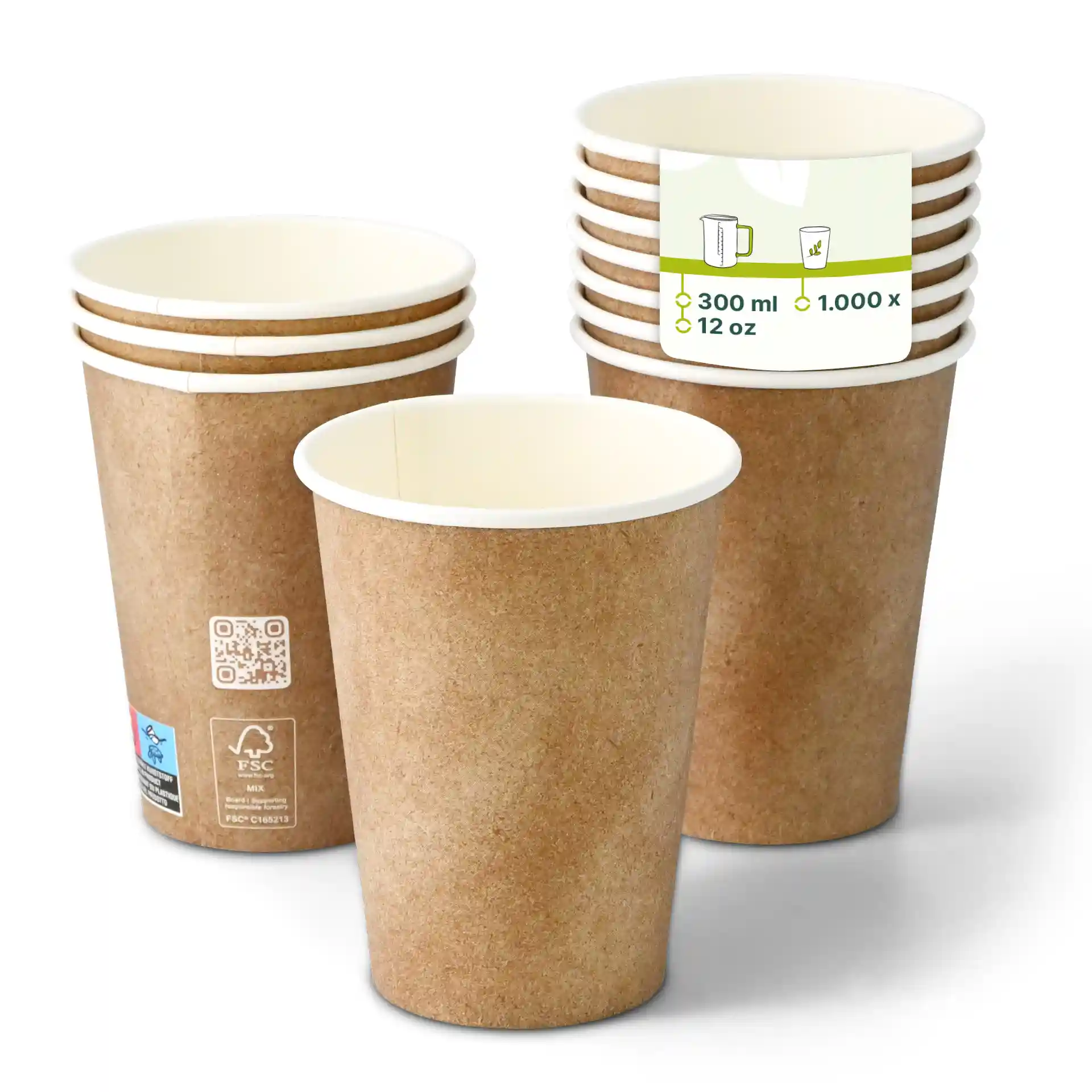 Bicchieri di carta marroni con rivestimento interno bianco, parete singola, capacità di 300 ml, impilati con un bicchiere davanti.