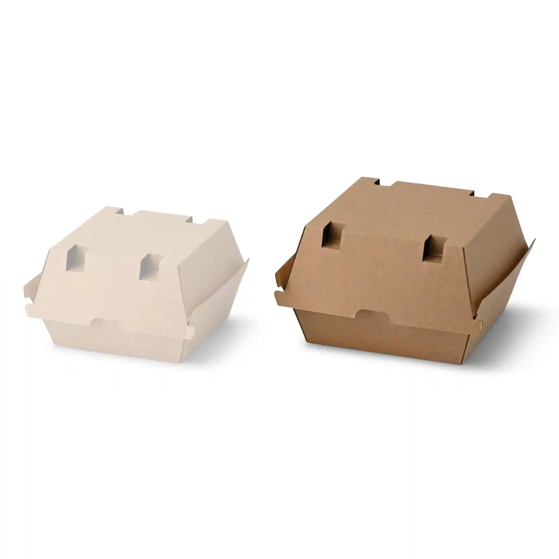 Immagine di due scatole per hamburger, una bianca e una marrone, entrambe in cartone e di forma rettangolare.