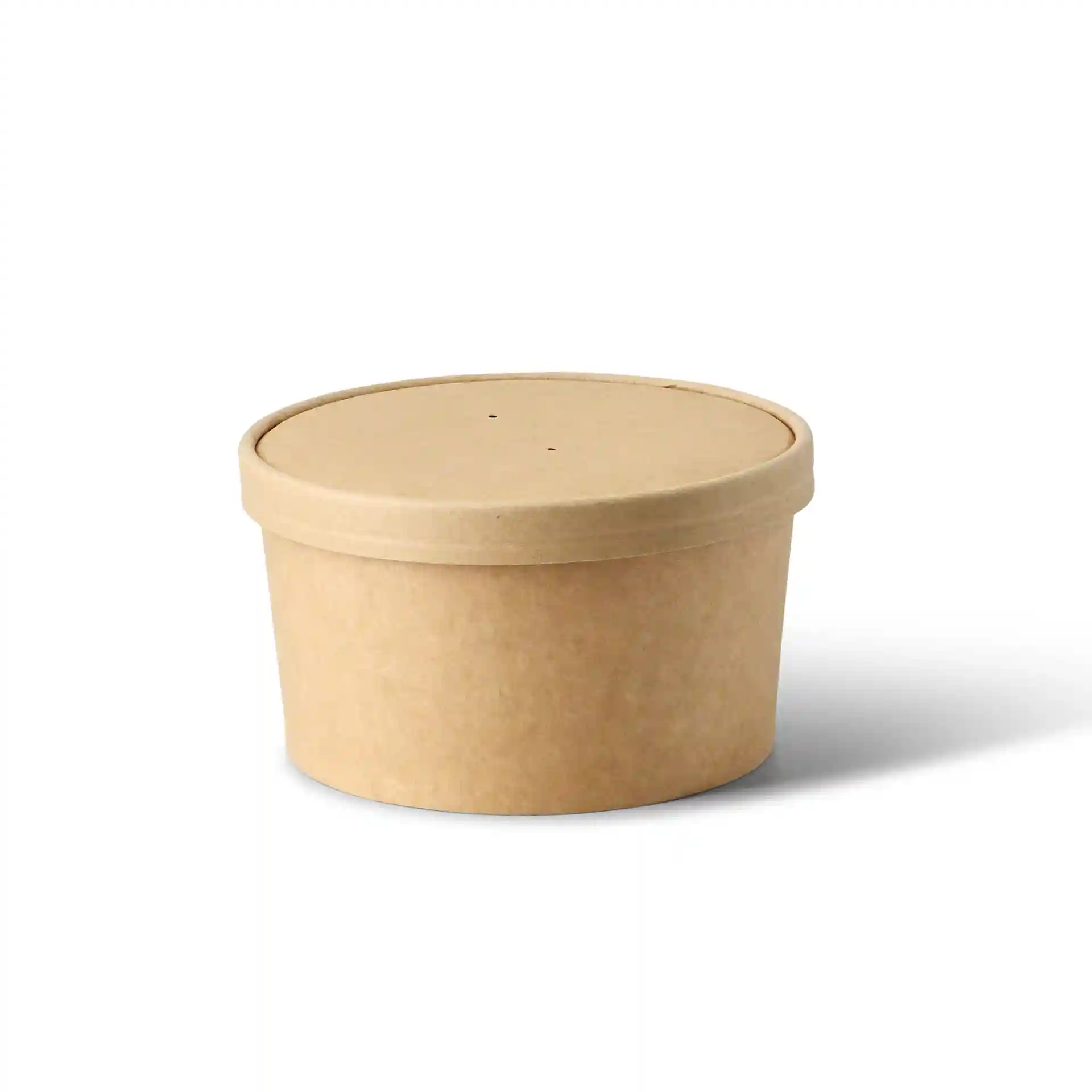 Bicchiere di cartone marrone rotondo con coperchio, misura 150 mm di diametro e 17 mm di altezza.