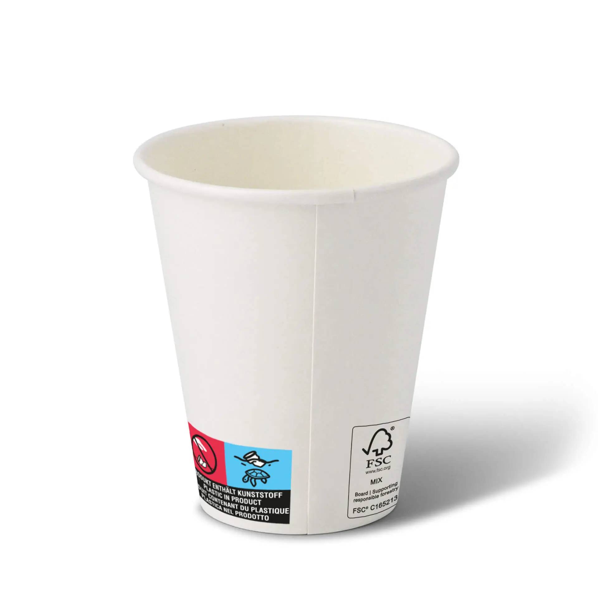 Un bicchiere di carta bianco da 10 oz con rivestimento in PE; presenta un'etichetta con marcature di sicurezza climatica e simboli di riciclaggio.