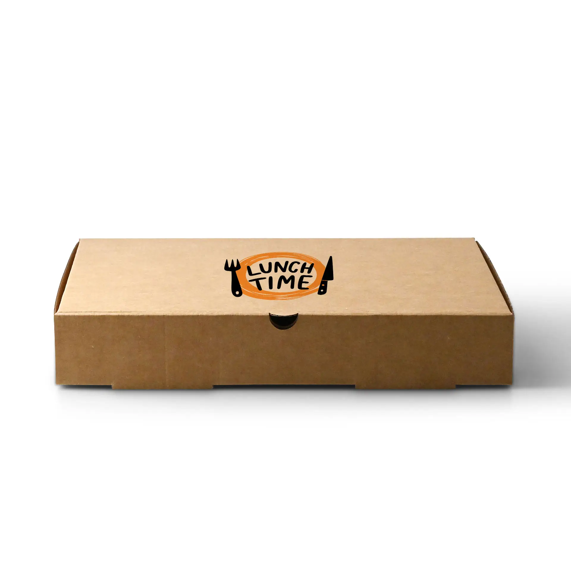 Scatola per pizza marrone con design circolare che presenta le parole 'LUNCH TIME' e posate sopra.