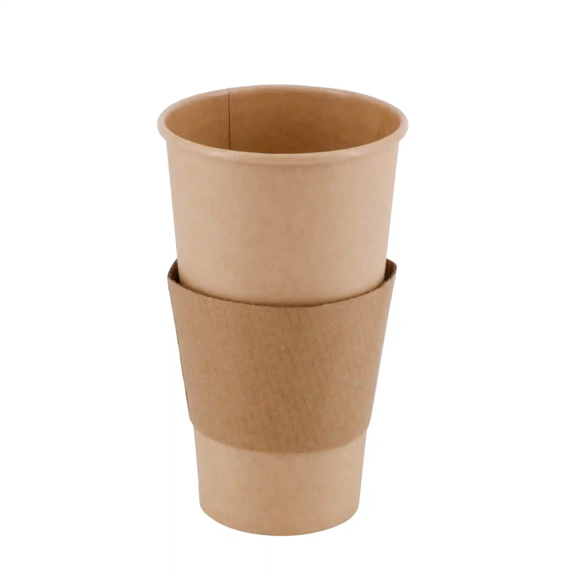 Bicchiere di carta marrone con manica di cartone, forma rotonda, capacità di 20 oz e altezza di 150 mm.