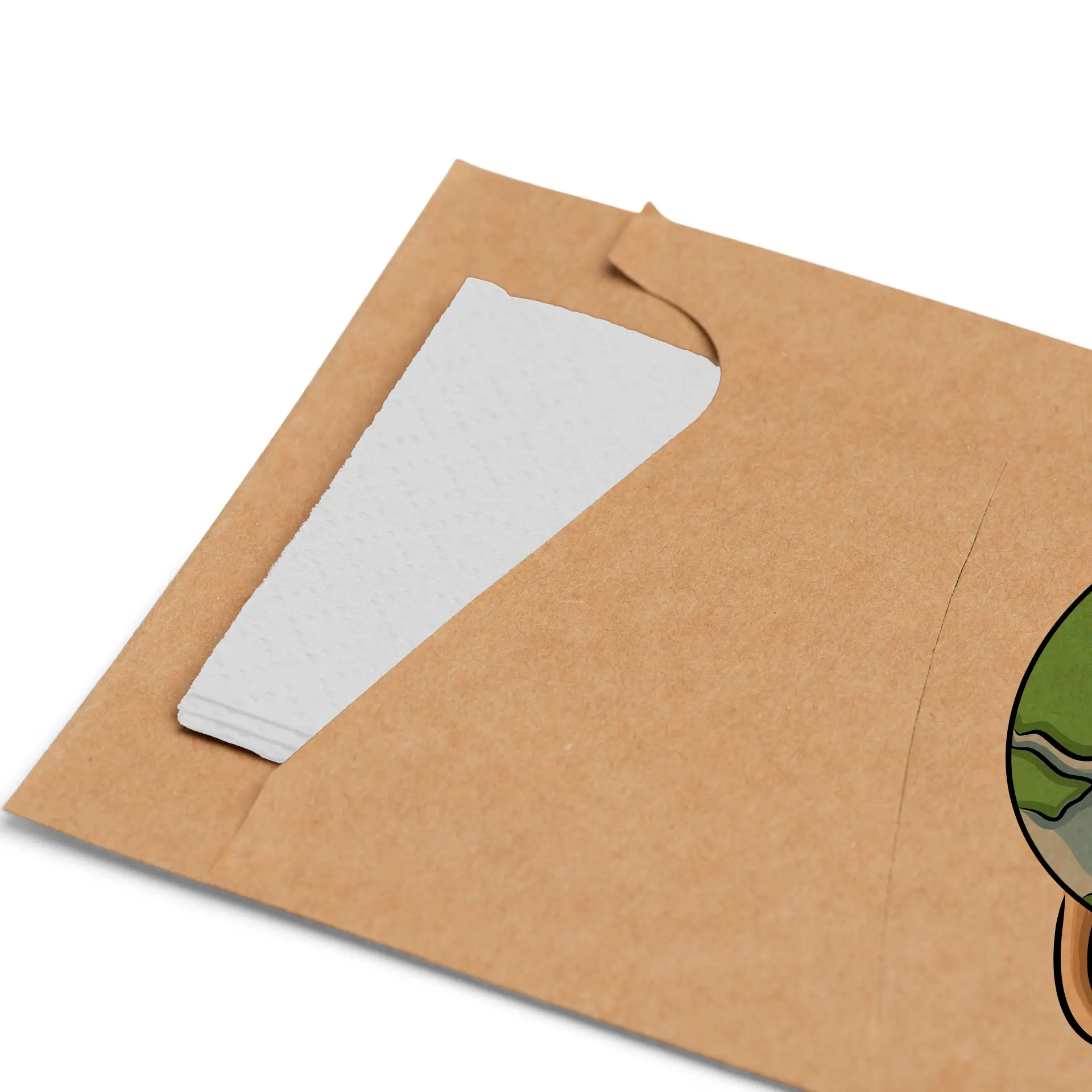 Manica in kraft marrone con un tovagliolo bianco parzialmente visibile all'interno, con uno spazio per design personalizzabile.