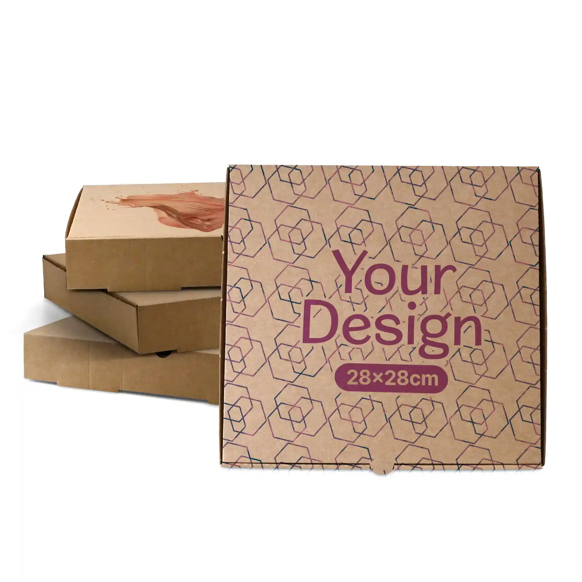 Scatola per pizza marrone con design geometrico, misura 28 x 28 cm, davanti a diverse scatole simili.