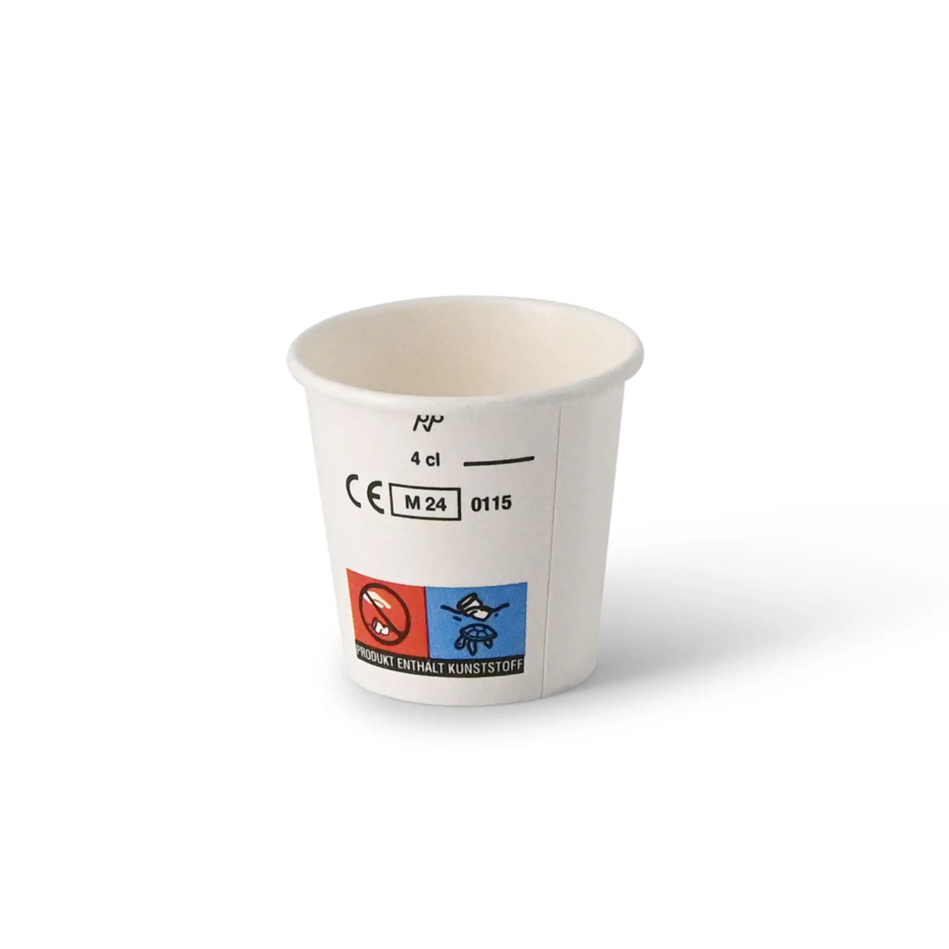 Piccolo bicchiere di carta bianco, capacità di 4 cl; dotato di segno di calibrazione e etichette con simboli. Adatto per varie bevande.