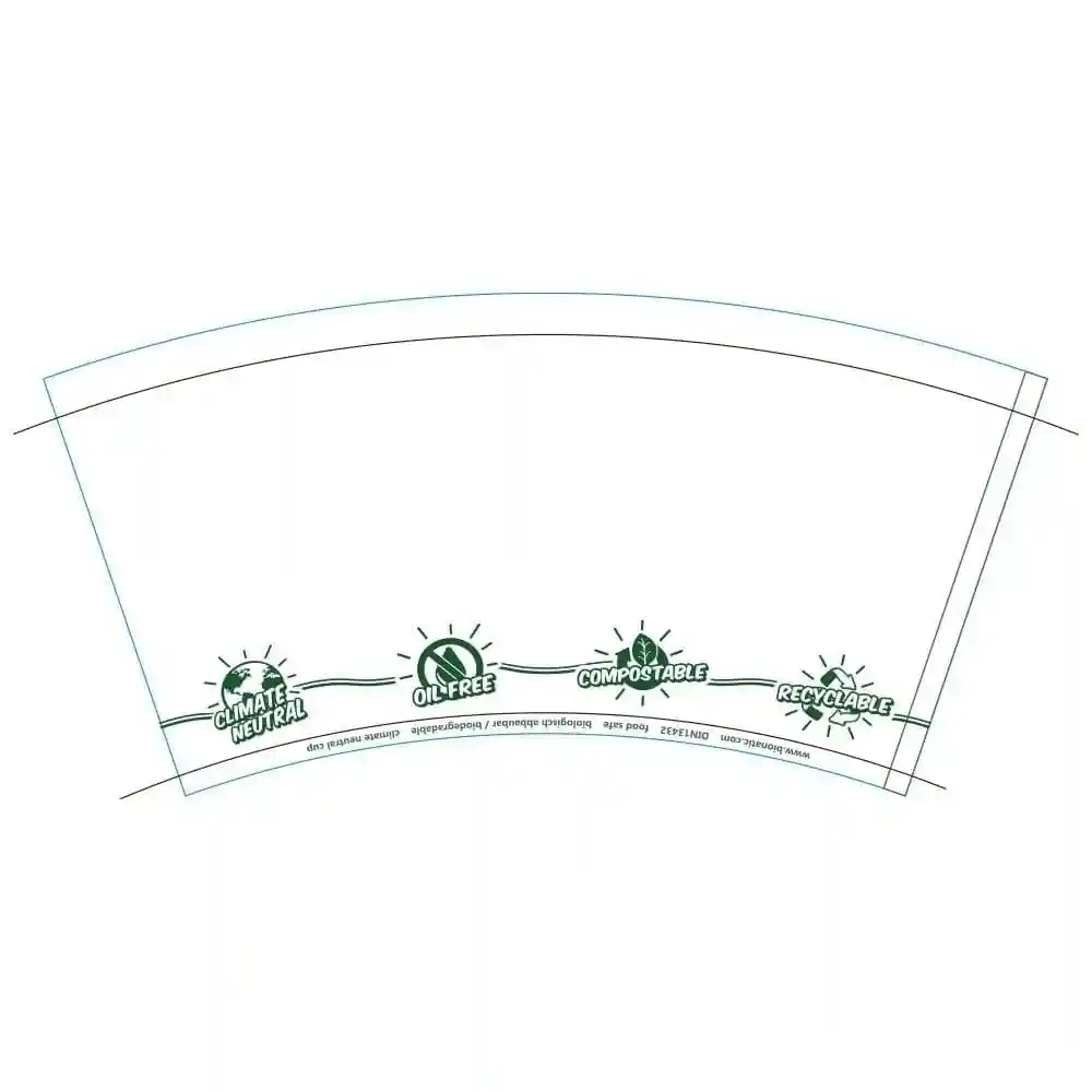 Etichetta con icone che mostrano attributi neutri dal punto di vista climatico, senza olio, compostabili e riciclabili su sfondo bianco.