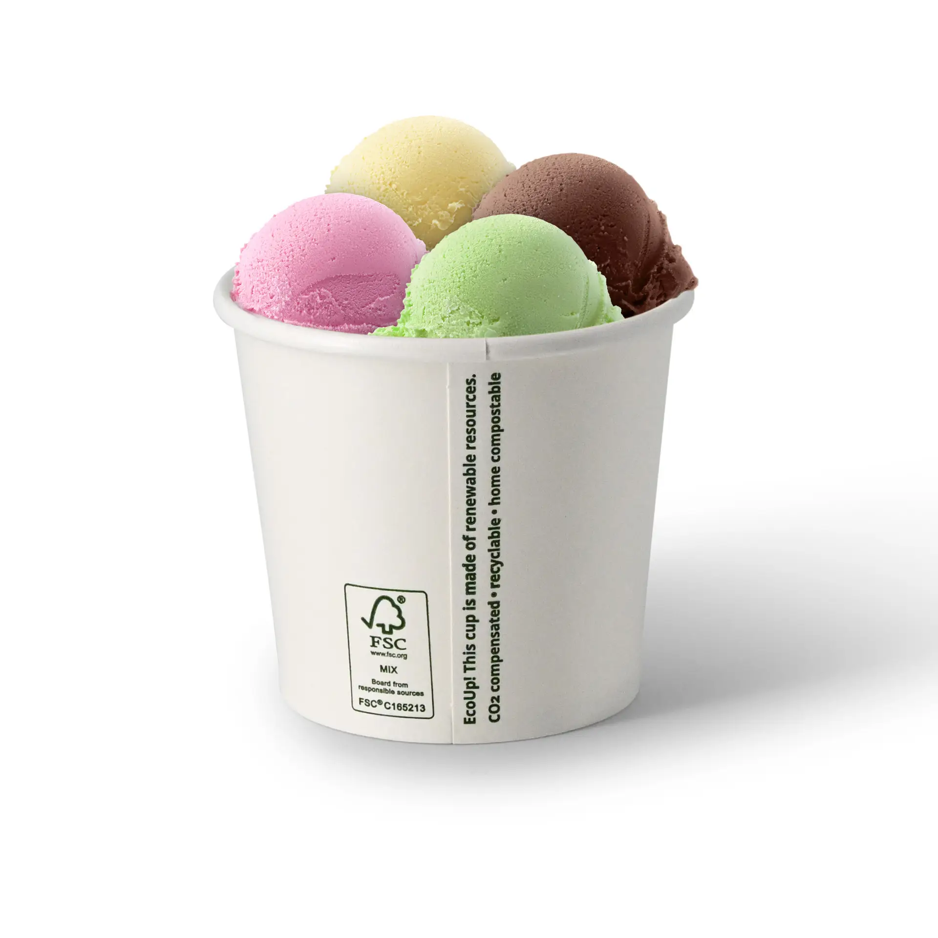 Quattro palline di gelato in un contenitore di carta bianco; include gusti cioccolato, fragola, melone verde e giallo.