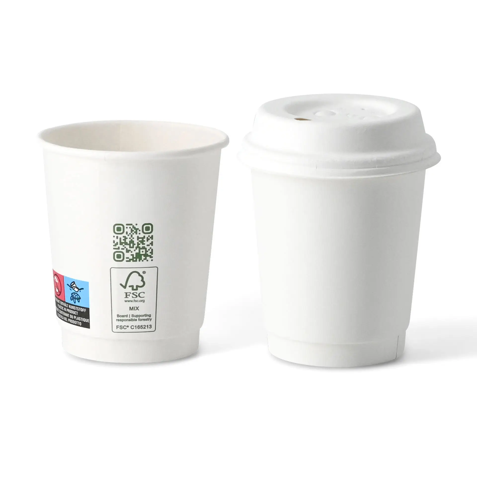 Tazza da caffè bianca a doppia parete con coperchio, capacità di 200 ml, altezza di 90 mm e diametro di 80 mm.