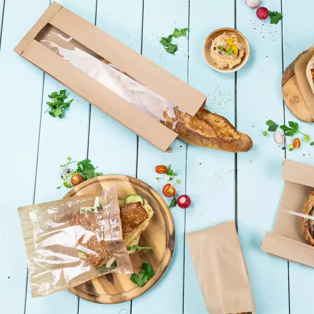 Sacchetti di carta marrone per panini con finestra, panino al sesamo in una busta di plastica e verdure fresche su un tavolo blu.
