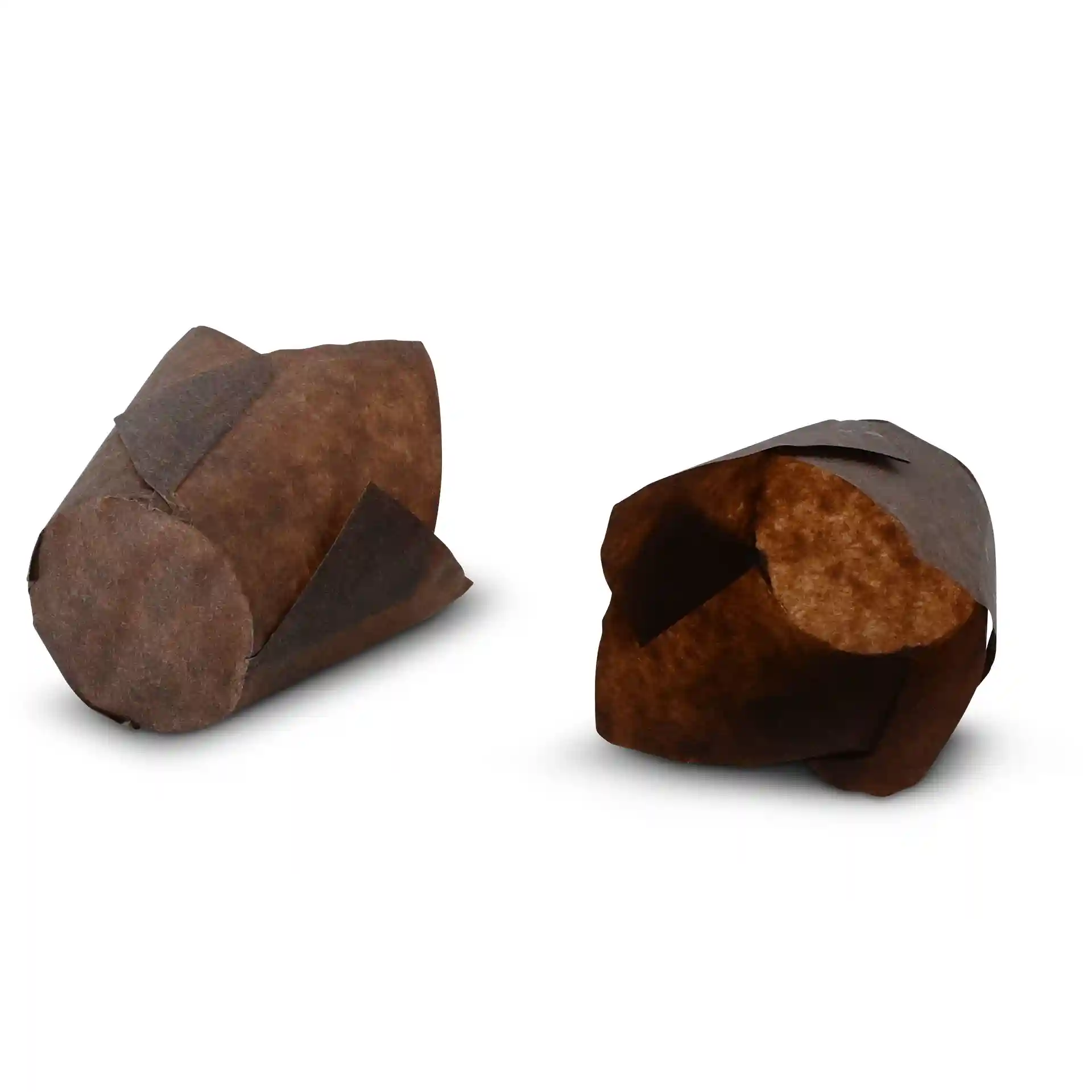Cups per muffin in carta marrone con un'altezza di 8 cm e un diametro di fondo di 5 cm, mostrati in due posizioni.