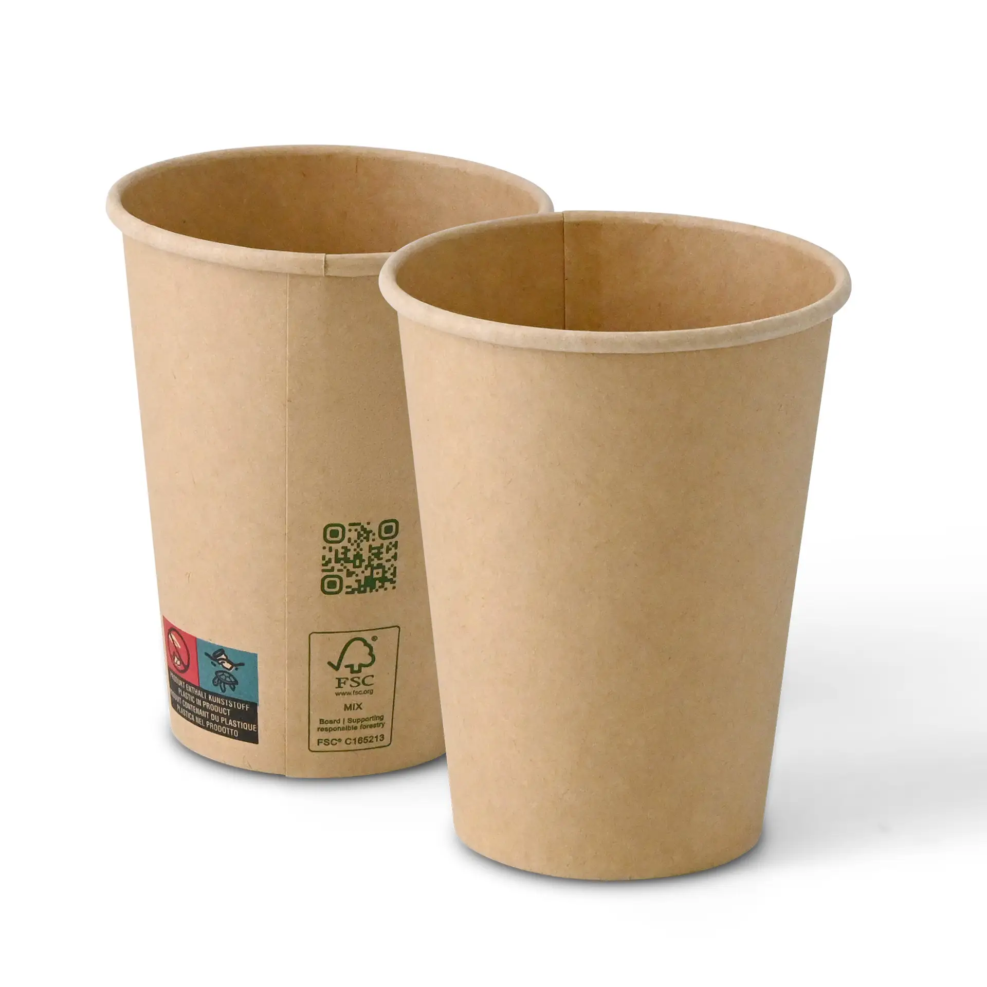 Bicchieri di carta marroni, capacità di 300 ml, a parete singola, con un diametro di 90 mm, mostrati di lato.