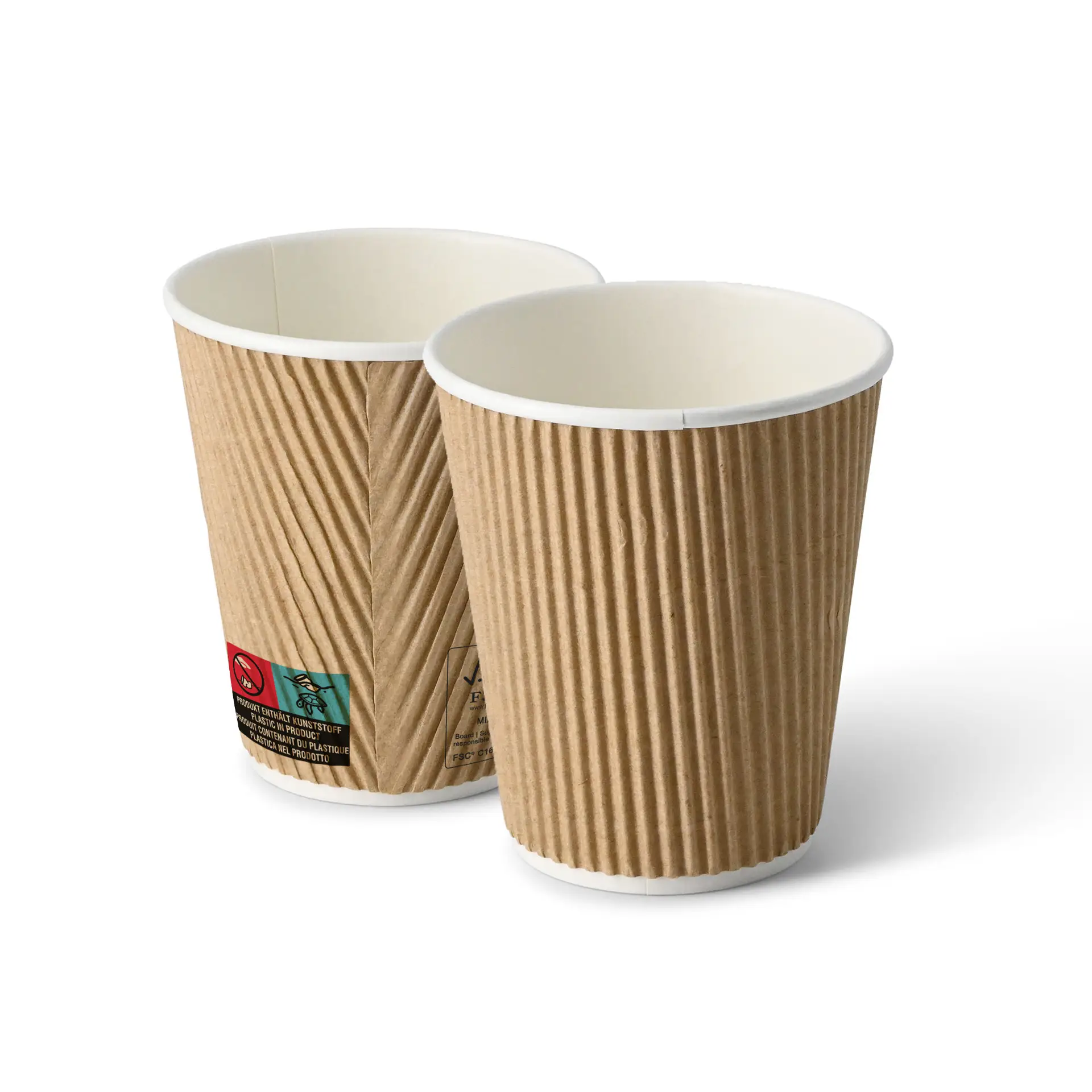 Una tazza da caffè da asporto marrone con interno bianco; un'altra tazza parzialmente visibile dietro.