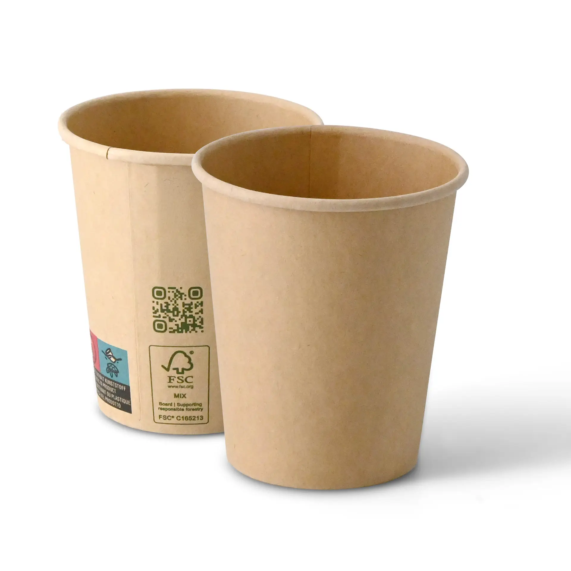Bicchieri di carta marroni con design a parete singola, capacità di 200 ml e etichette di certificazione visibili sul lato.