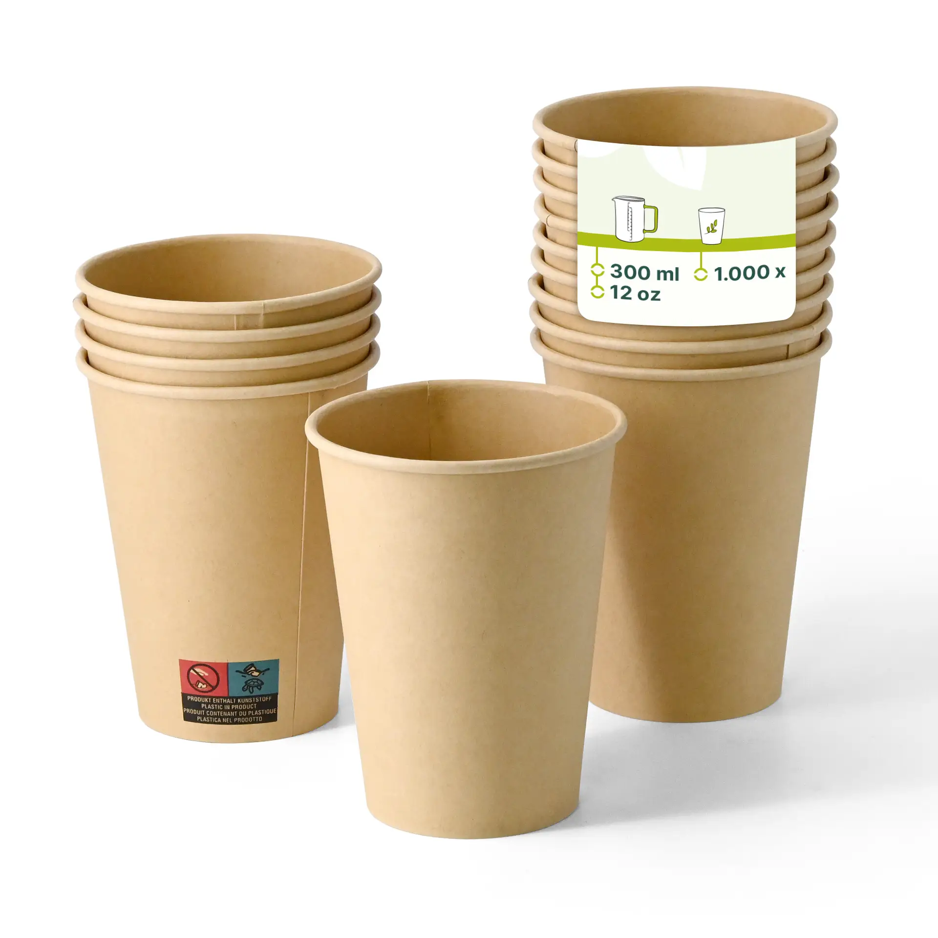 Bicchieri di carta marroni a parete singola, 300 ml / 12 oz, impilati con un bicchiere in verticale e un'etichetta con dettagli.