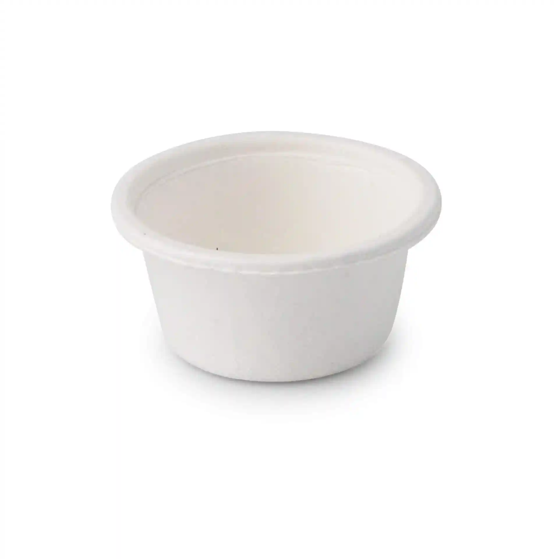 Bicchiere rotondo bianco in bagassa con un diametro di 62 mm e un'altezza di 30 mm, capienza fino a 50 ml.