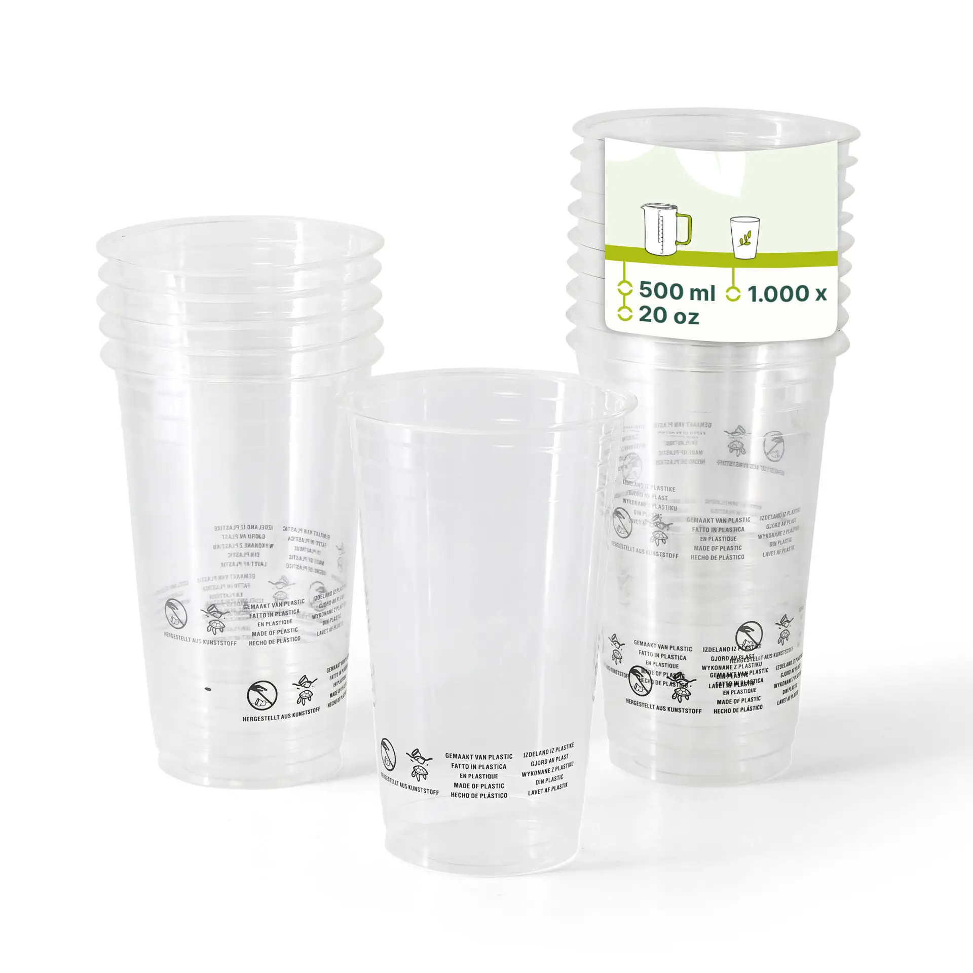 Bicchieri in plastica PLA trasparenti impilati, ciascuno con una capacità di 500 ml e un diametro di 95 mm.