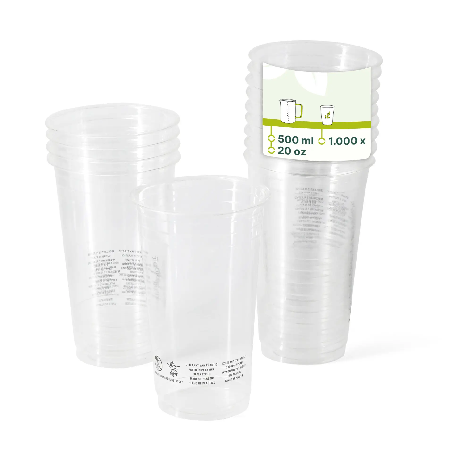 Bicchieri in plastica PLA trasparenti impilati, ciascuno con una capacità di 500 ml e un diametro di 95 mm.