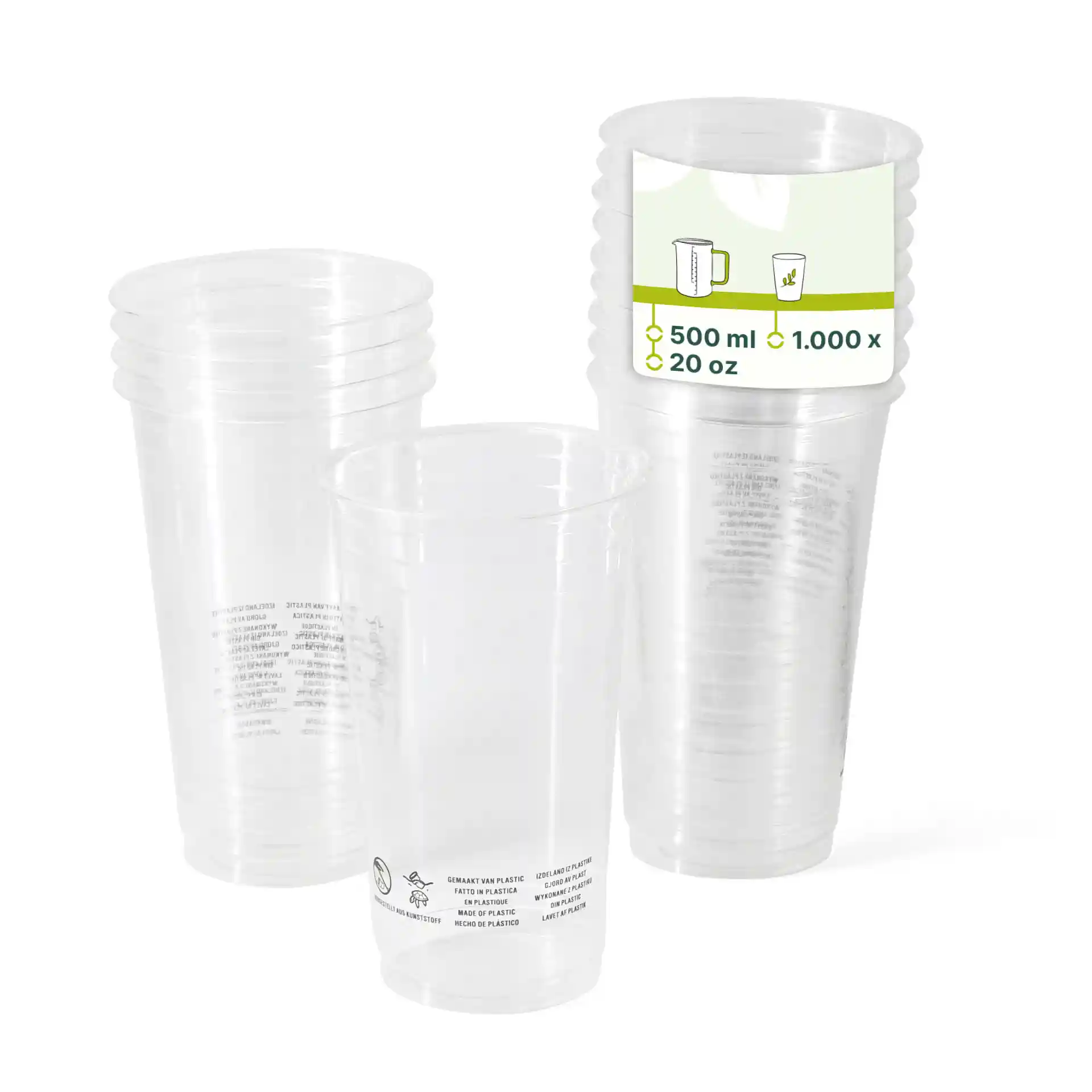 Bicchieri in plastica PLA trasparenti impilati, ciascuno con una capacità di 500 ml e un diametro di 95 mm.