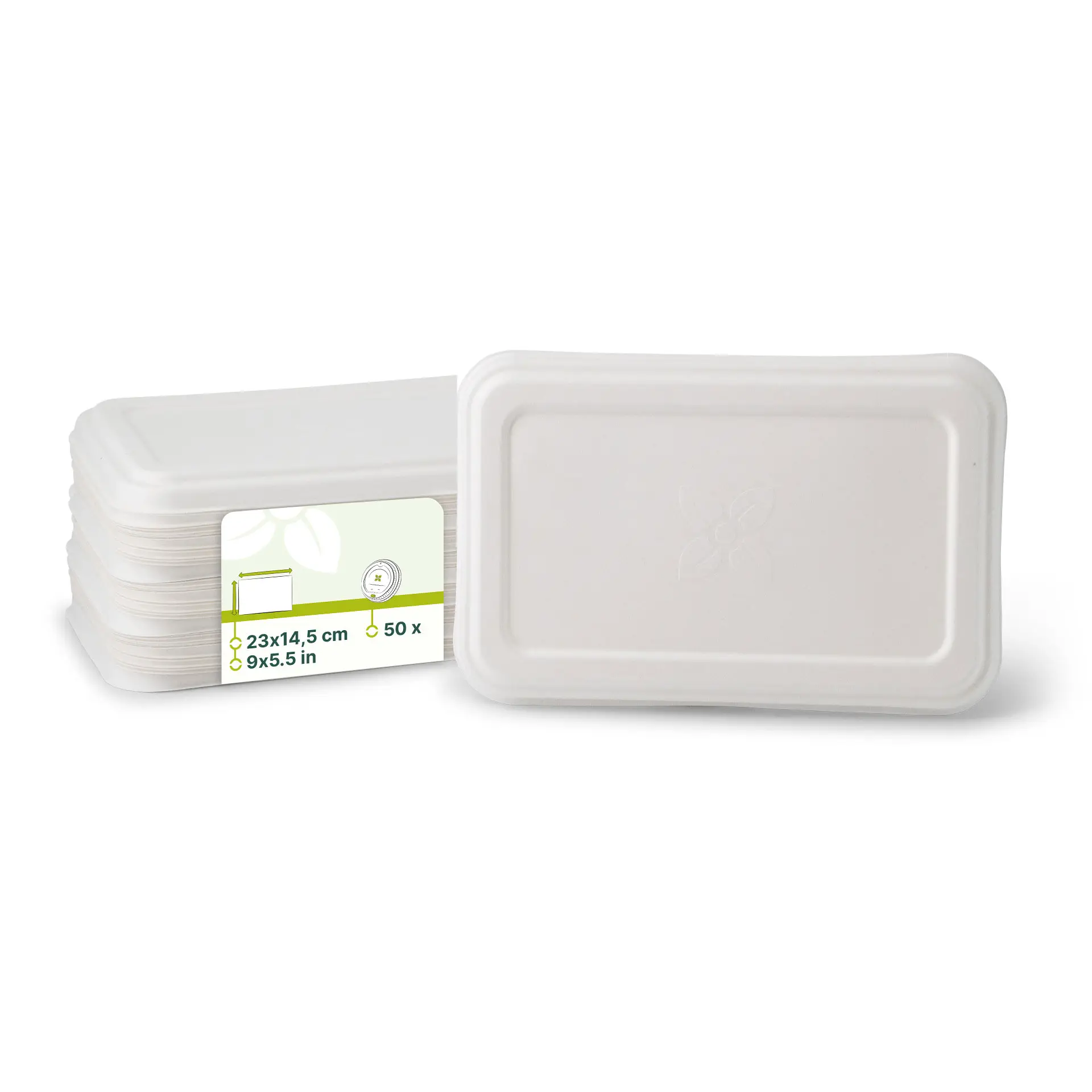 Coperchi rettangolari in canna da zucchero delle dimensioni 23 x 14,5 cm, biodegradabili e adatti per piatti caldi e freddi, mostrati con imballaggio.