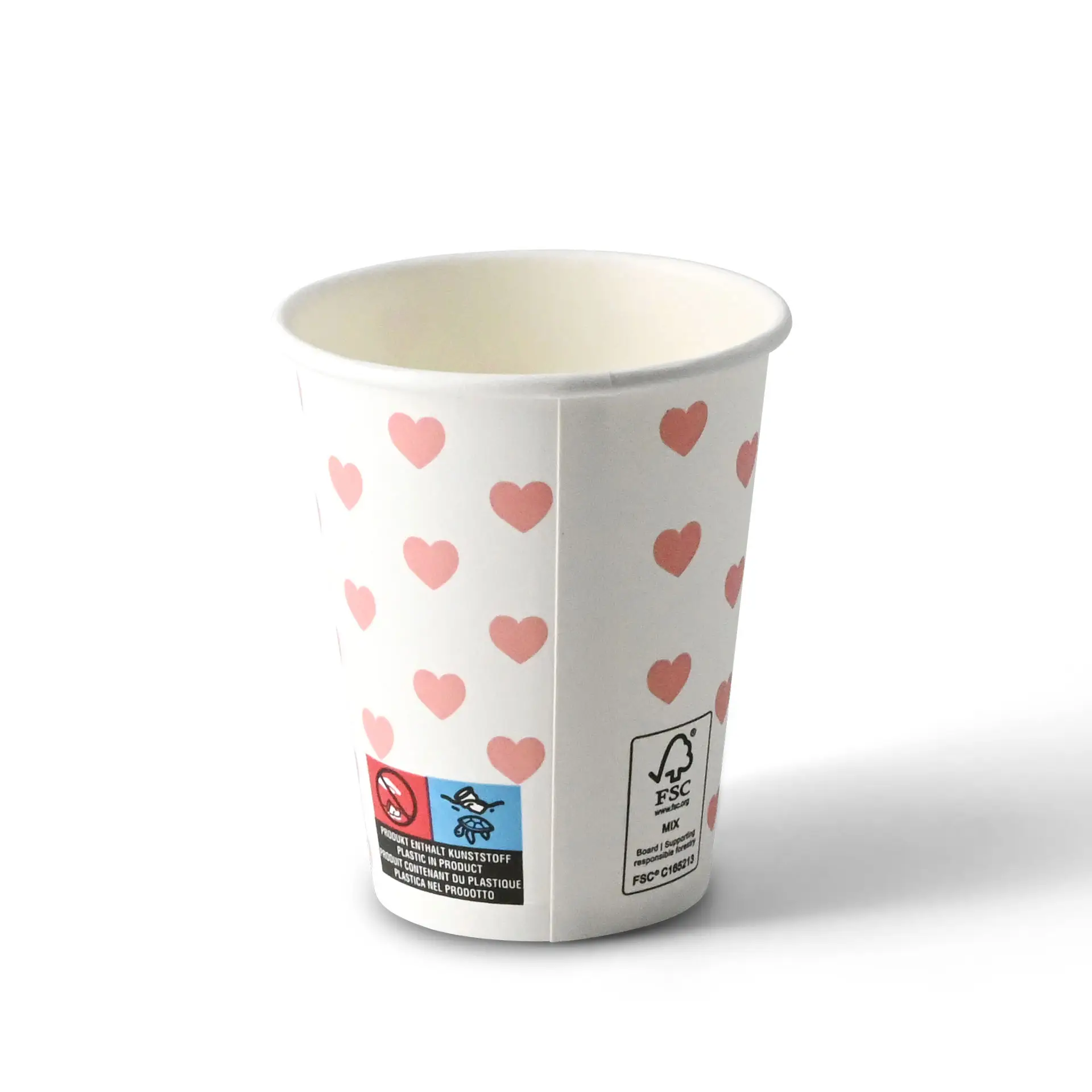 Un bicchiere di carta bianco con stampa di cuori; progettato per bevande calde e fredde, con marcature e etichette di certificazione.