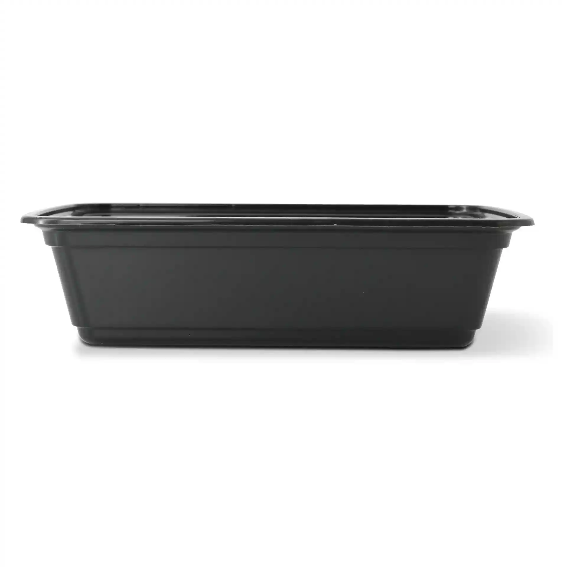 Contenitore rettangolare riutilizzabile nero in PP, misura 185 mm di lunghezza, 124 mm di larghezza e 44 mm di altezza.