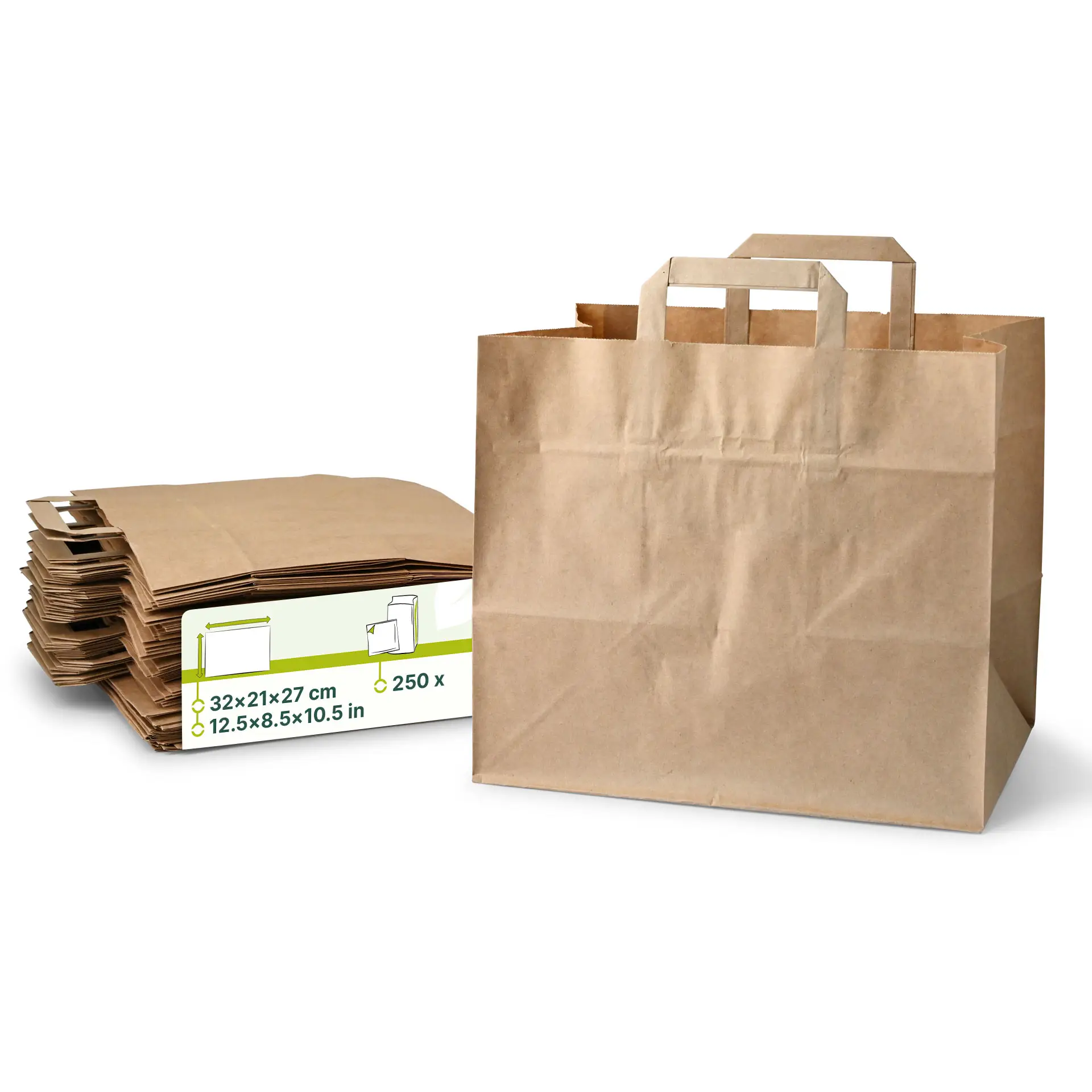 Tragetaschen aus Recyclingpapier XXL, 32 x 21 x 27 cm, braun, breiter Boden