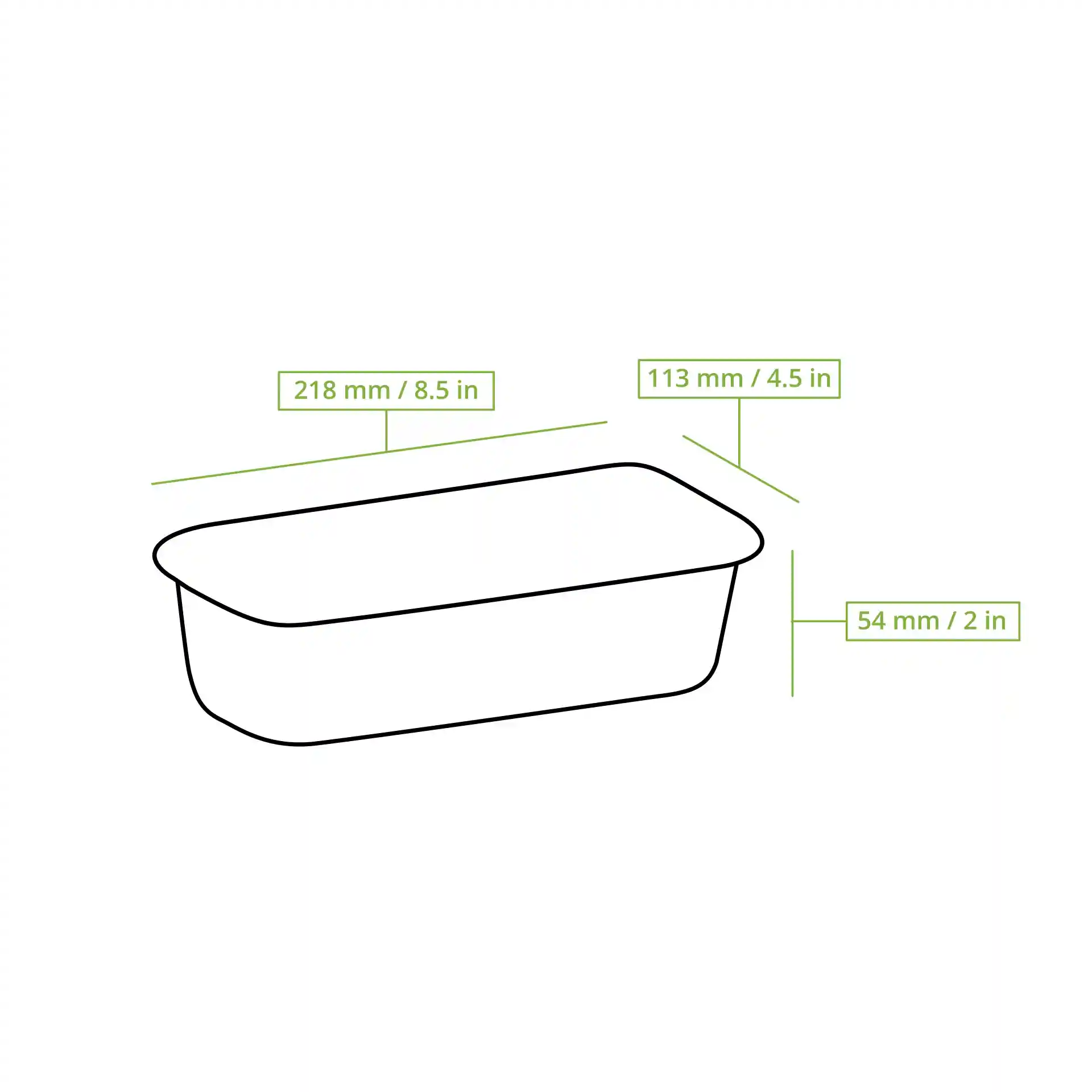 Disegno schematico di un contenitore rettangolare in alluminio con dimensioni etichettate: 218 mm di lunghezza, 113 mm di larghezza e 54 mm di altezza.