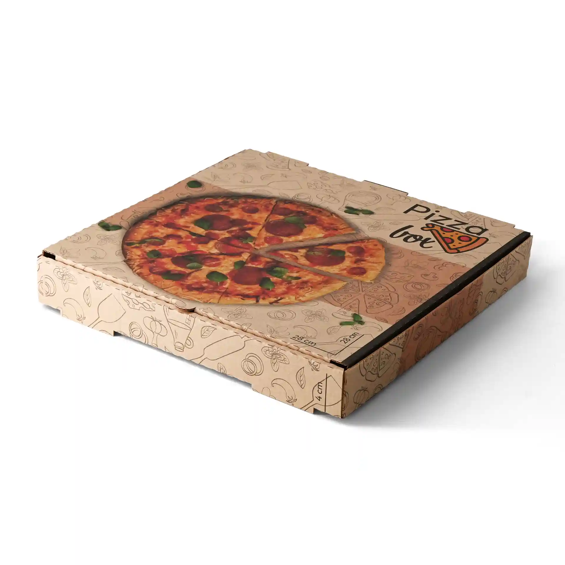 Scatola per pizza marrone con un design di pizza stampato sopra, misura 28 x 28 x 4 cm.