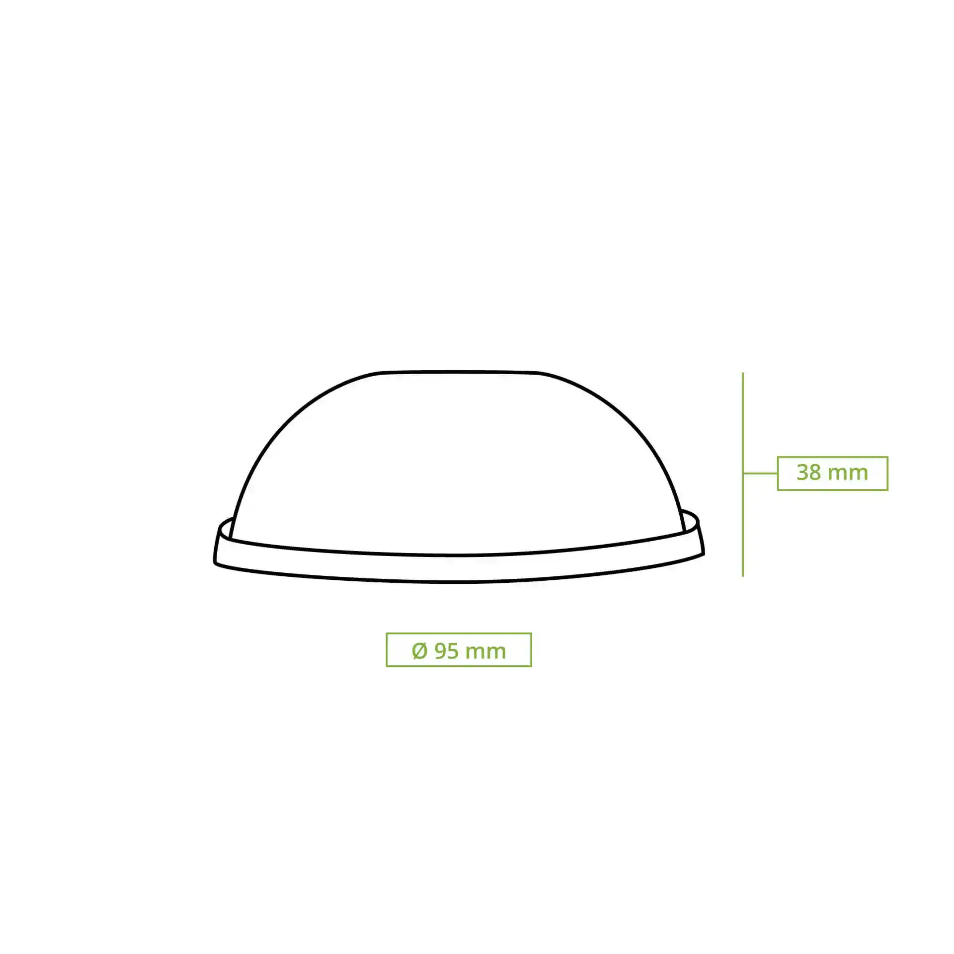 Disegno schematico di un coperchio dome in rPET trasparente con un diametro di 95 mm e un'altezza di 38 mm.