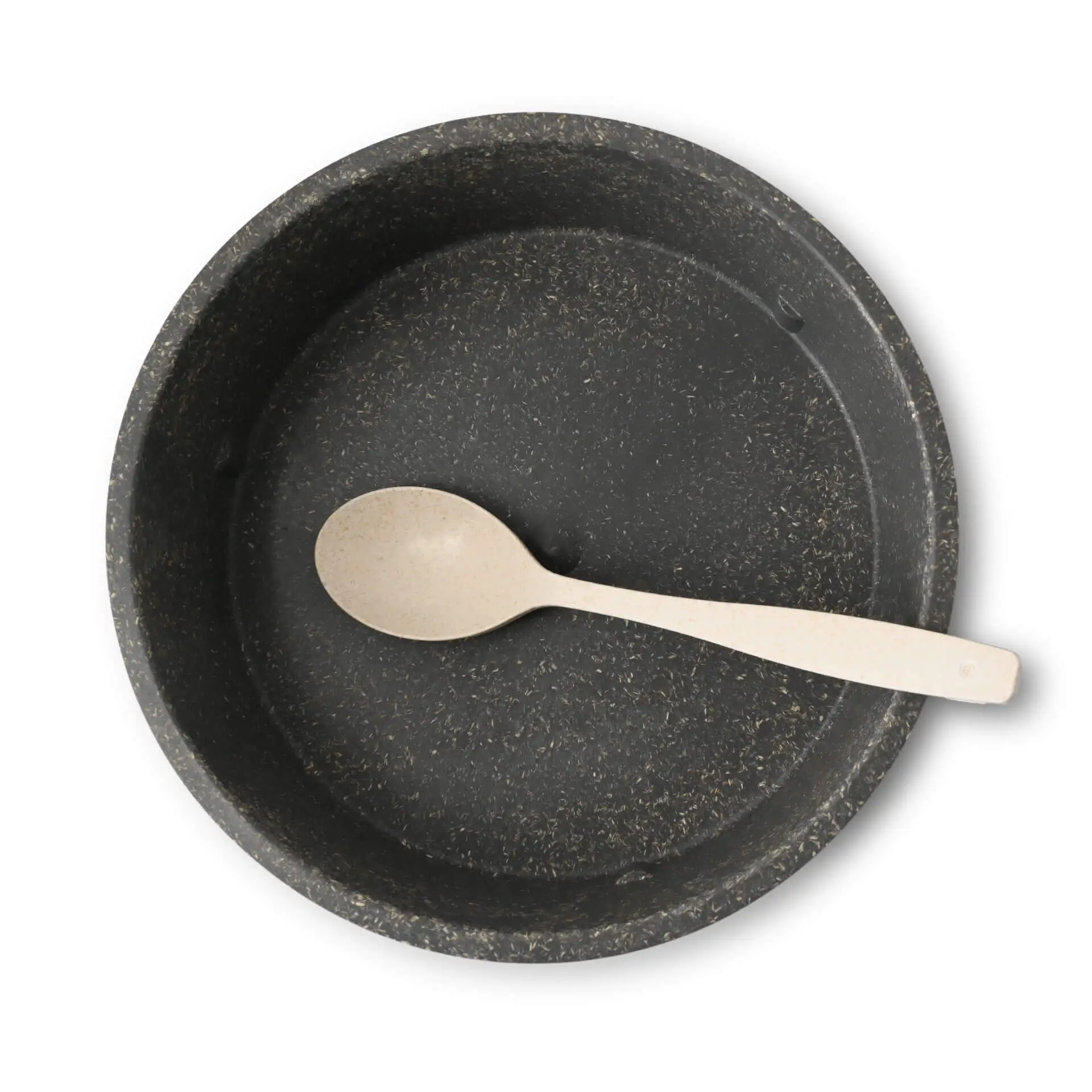 Ciotola Merways riutilizzabile in grigio con cucchiaio beige all'interno; adatta per cibi caldi e freddi. Sicura per lavastoviglie e microonde.