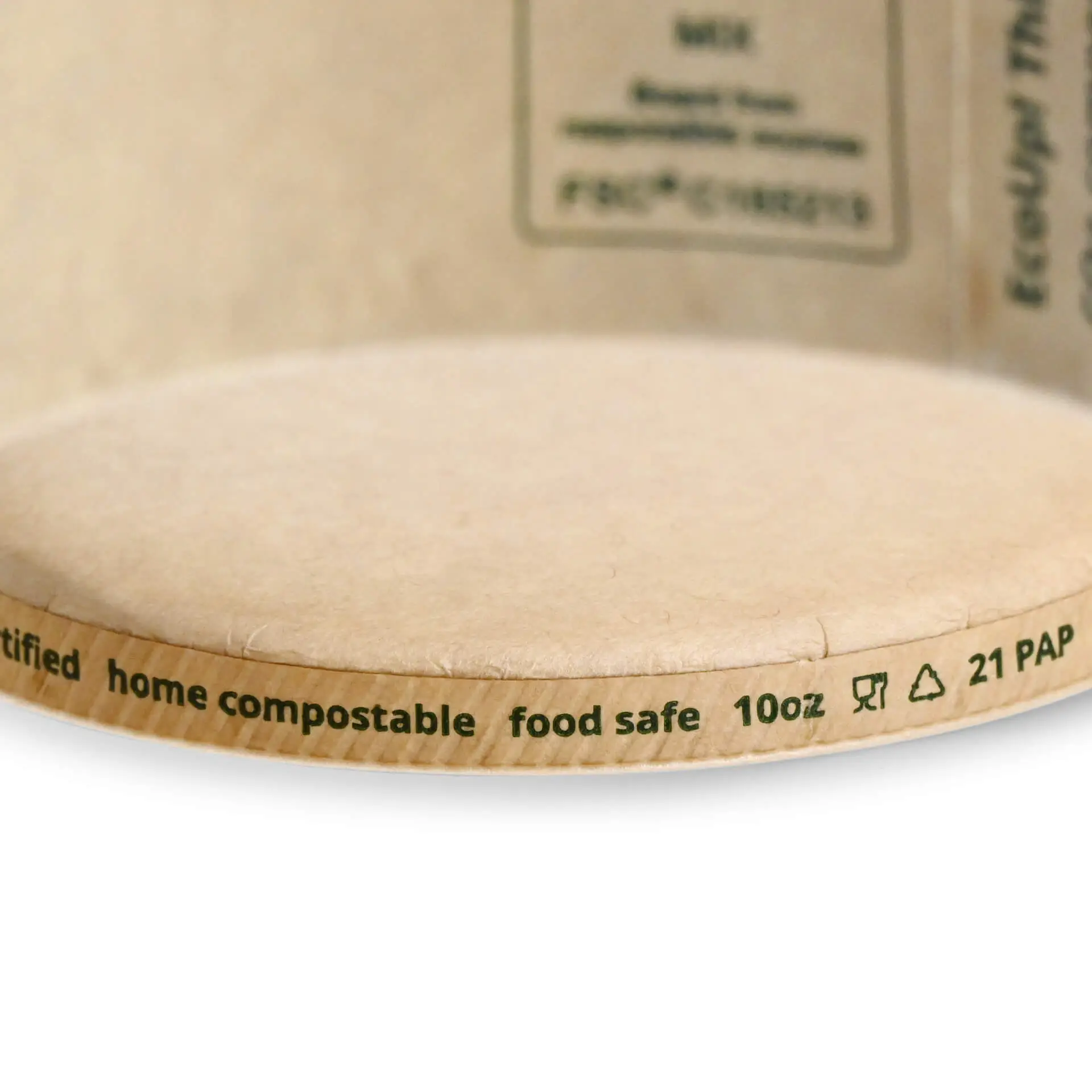 Coppa per gelato in carta marrone biodegradabile da 10 oz con base circolare ed etichette stampate che indicano la sicurezza alimentare e la compostabilità.