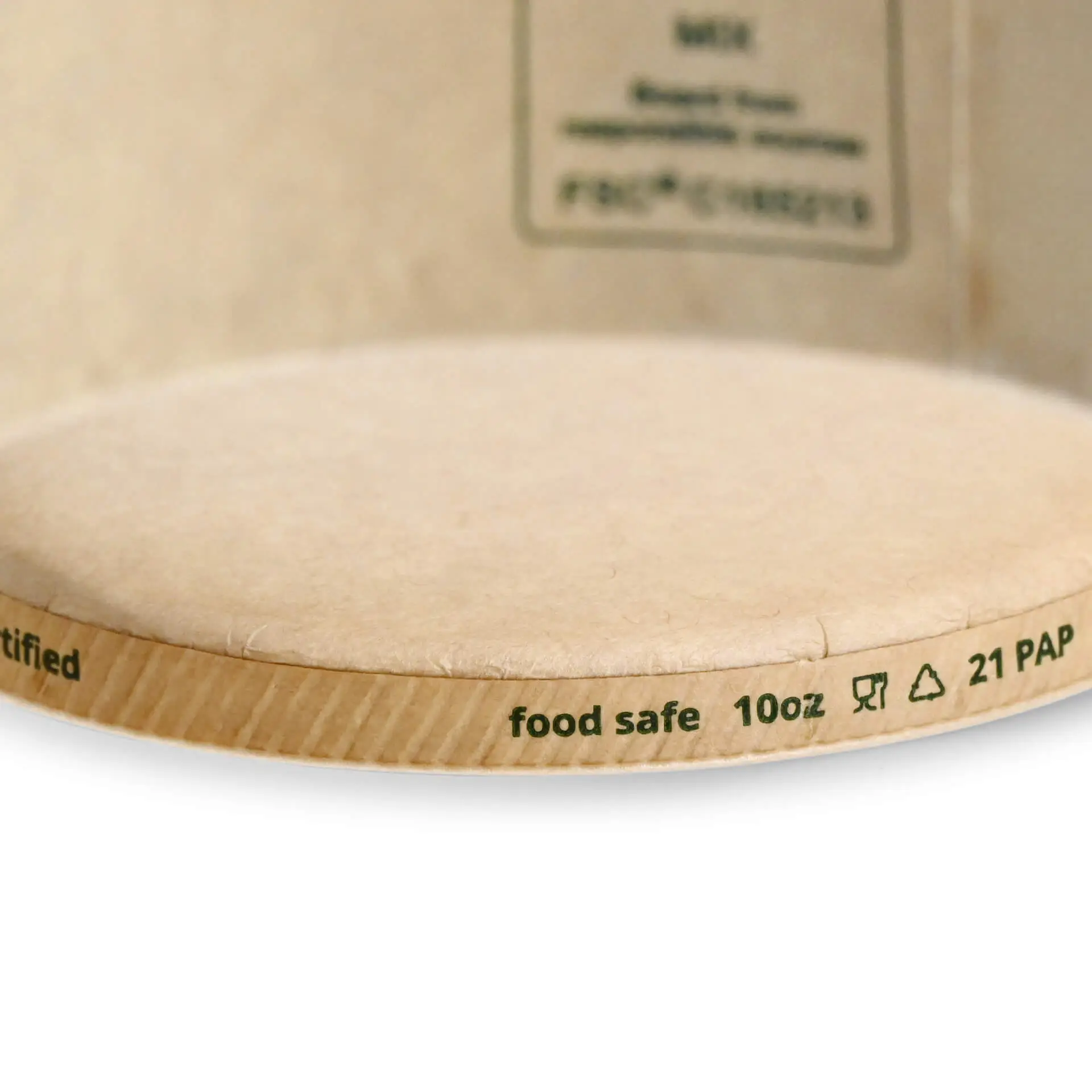 Coppa per gelato in carta marrone biodegradabile da 10 oz con base circolare ed etichette stampate che indicano la sicurezza alimentare e la compostabilità.