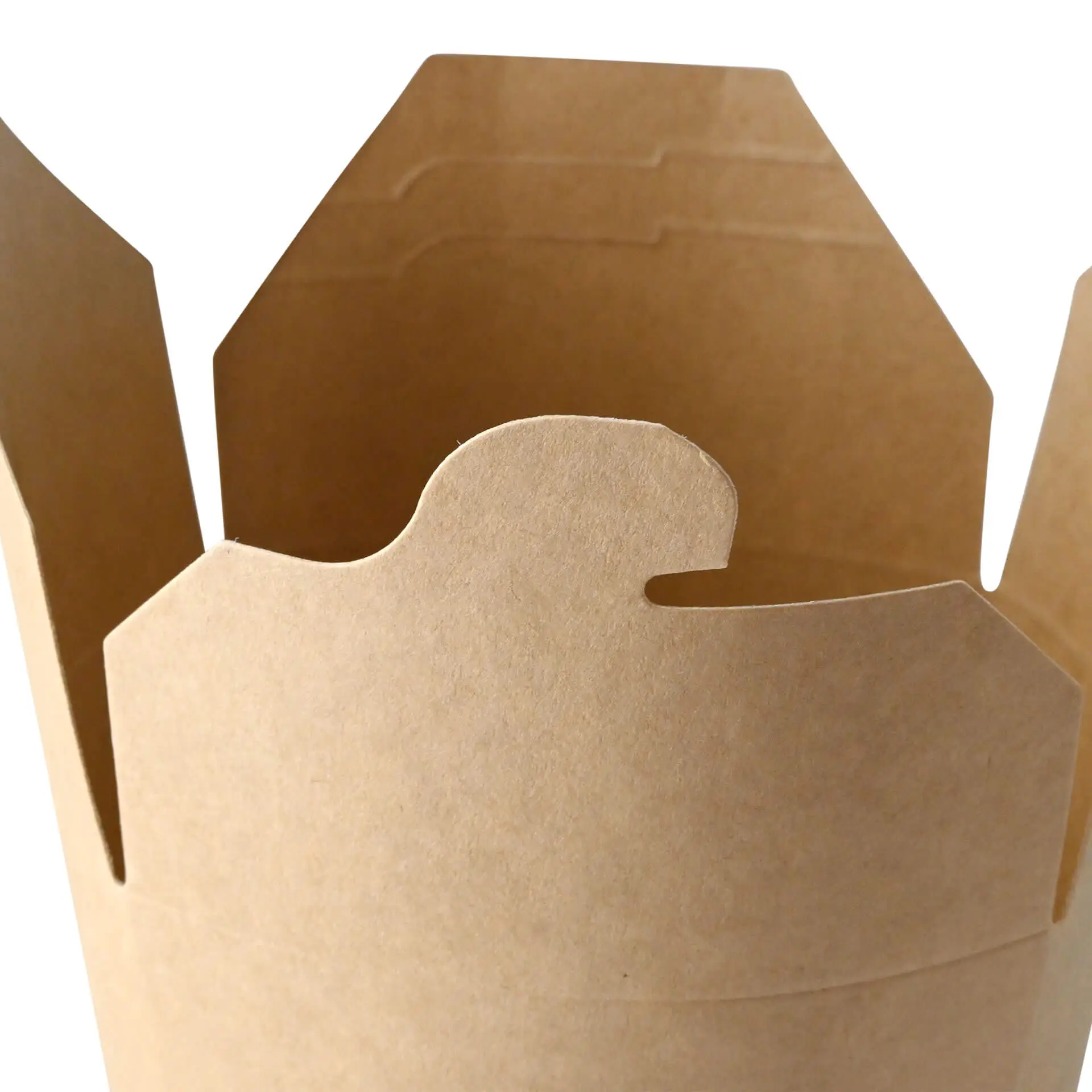 Una scatola di noodle in carta kraft marrone con rivestimento interno in bioplastica, progettata per cibo da asporto.