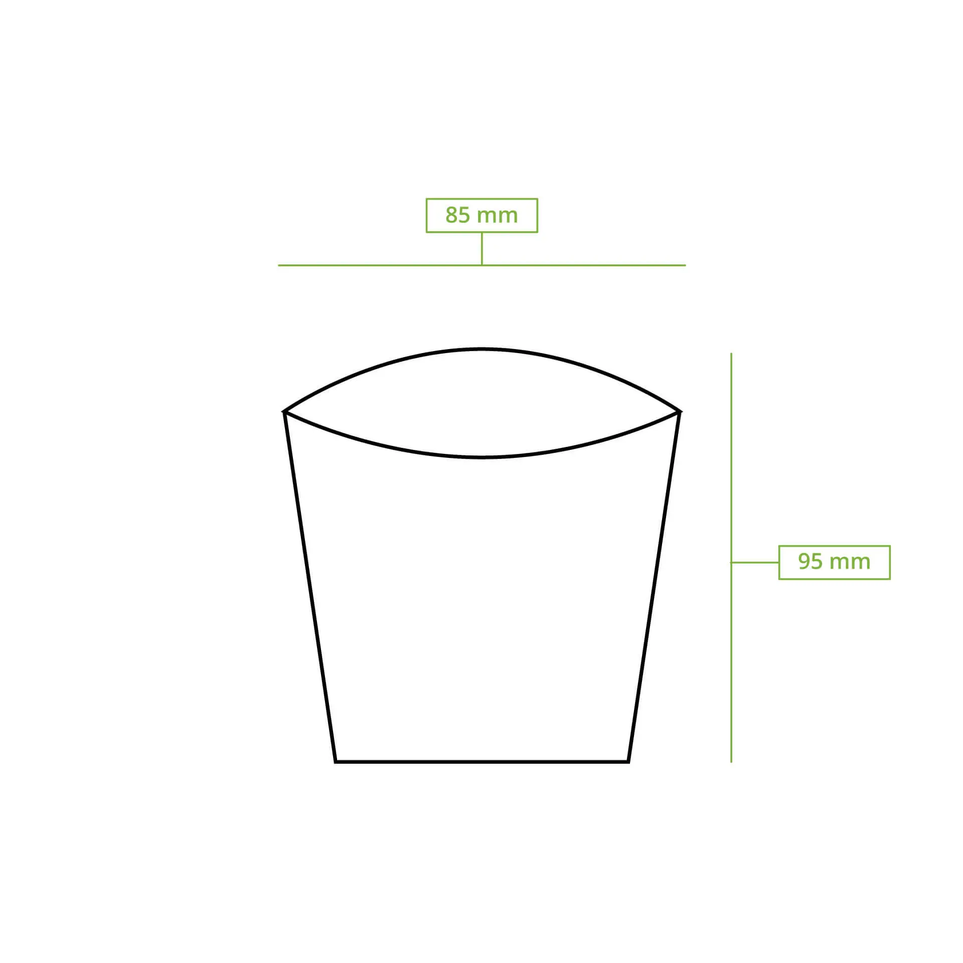 Pala per patatine in cartone, dimensioni 85 mm (larghezza) x 95 mm (altezza); ideale per servire cibi fritti e snack.