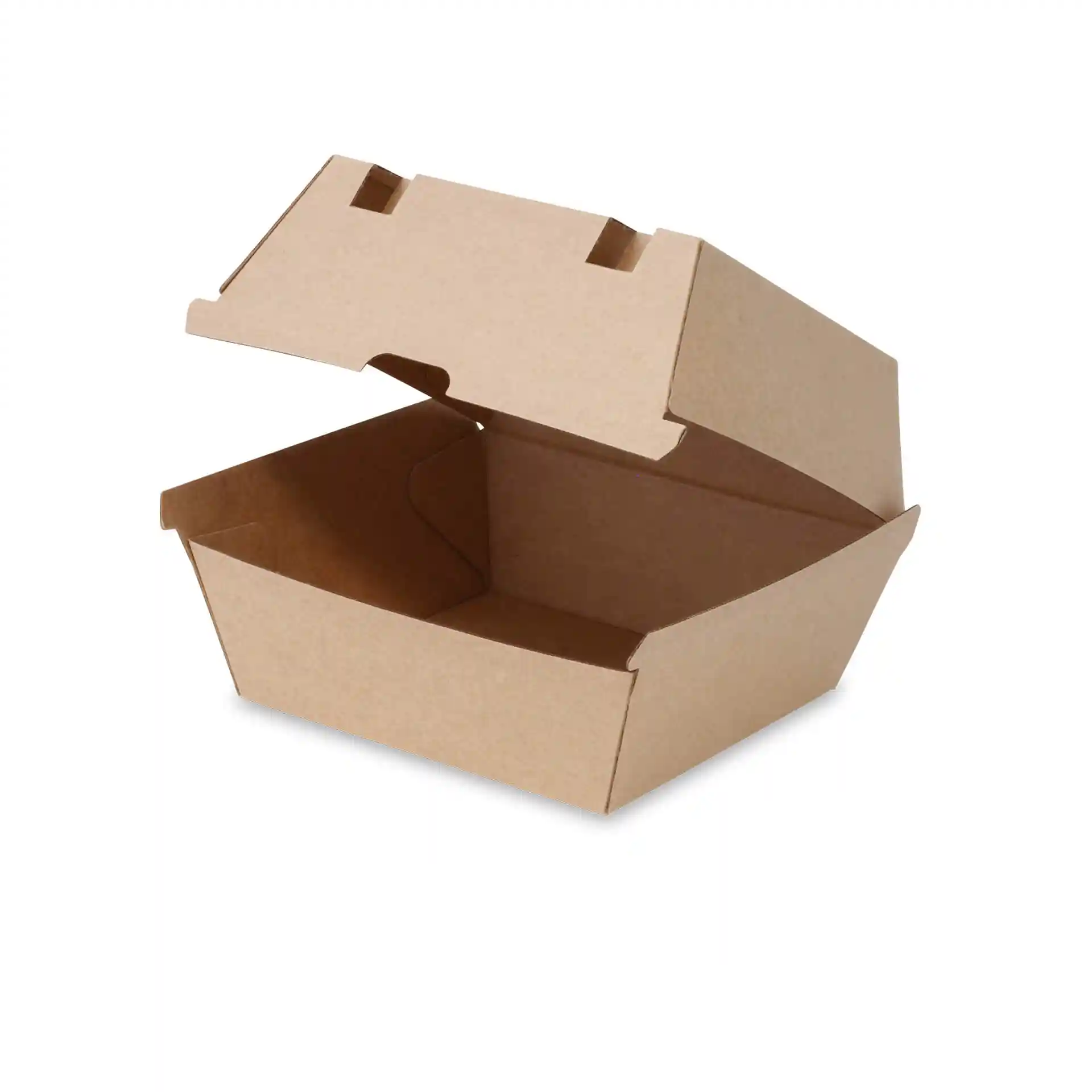 Scatola per hamburger rettangolare marrone in cartone, misura 16,8 x 15,8 x 9,8 cm, con coperchio aperto.