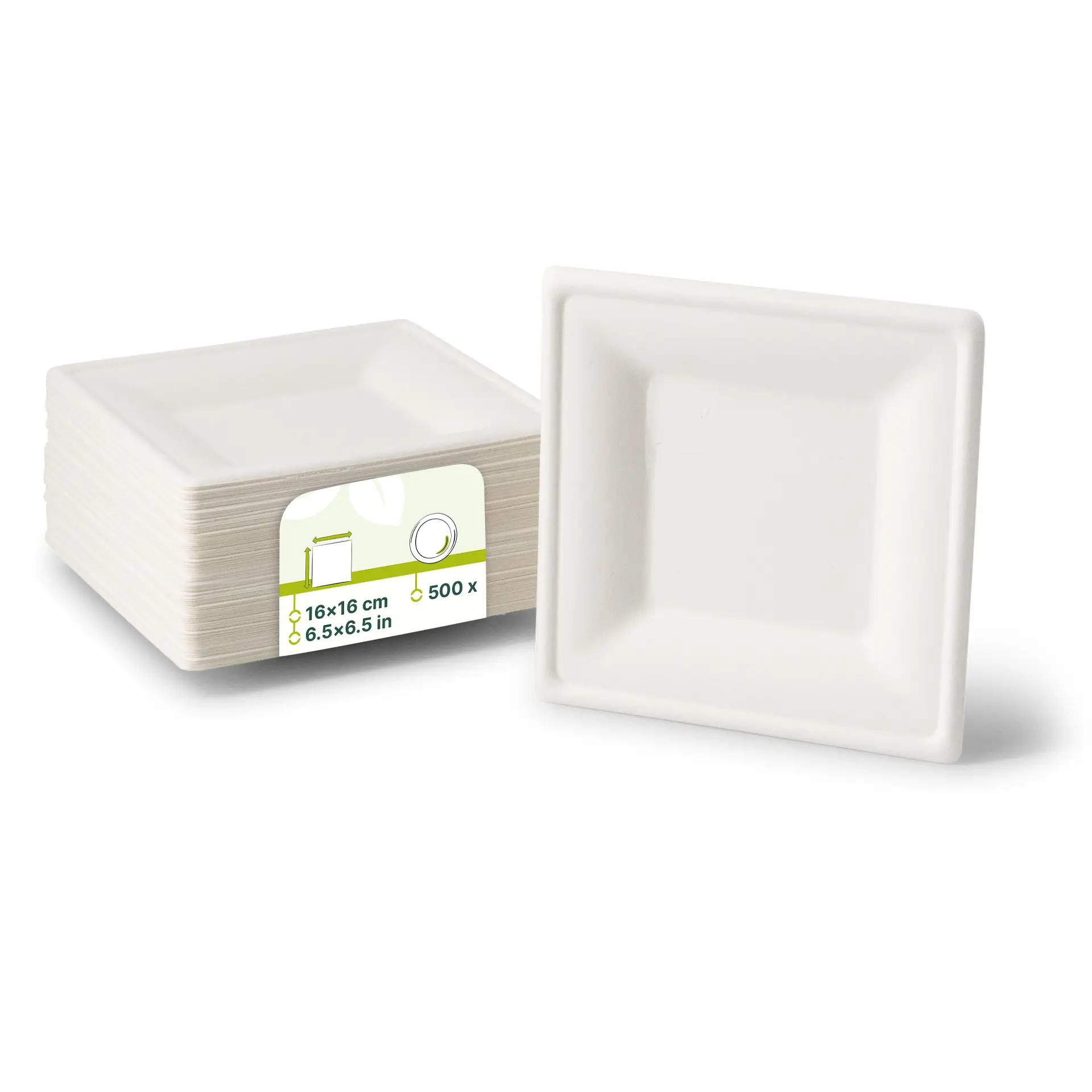 Piatto quadrato biodegradabile in canna da zucchero, dimensioni 16 x 16 cm, impilato con un'etichetta che indica quantità e dimensione.
