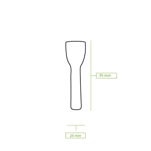 Spatola per gelato bianca, lunga 9,5 cm; mostrata con misure di 95 mm di altezza e 25 mm di larghezza.