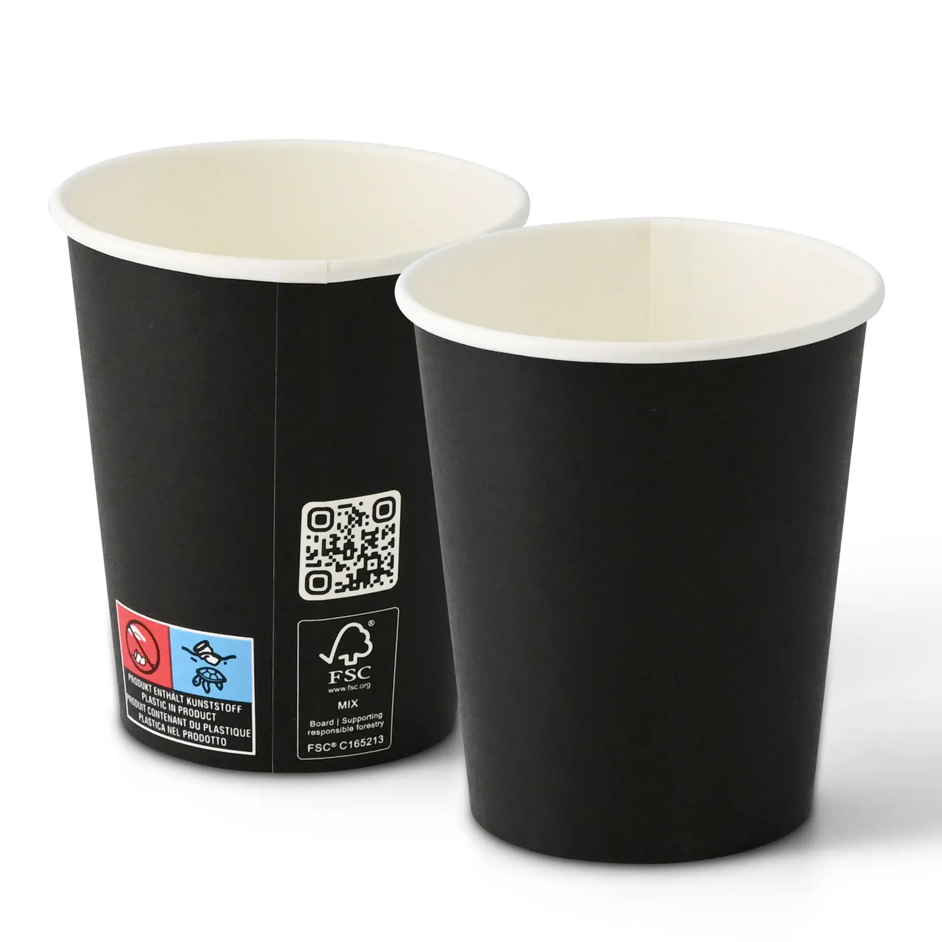 Bicchieri di carta neri con rivestimento PLA, a parete singola, capacità di 200 ml, mostrati di lato con interno visibile.