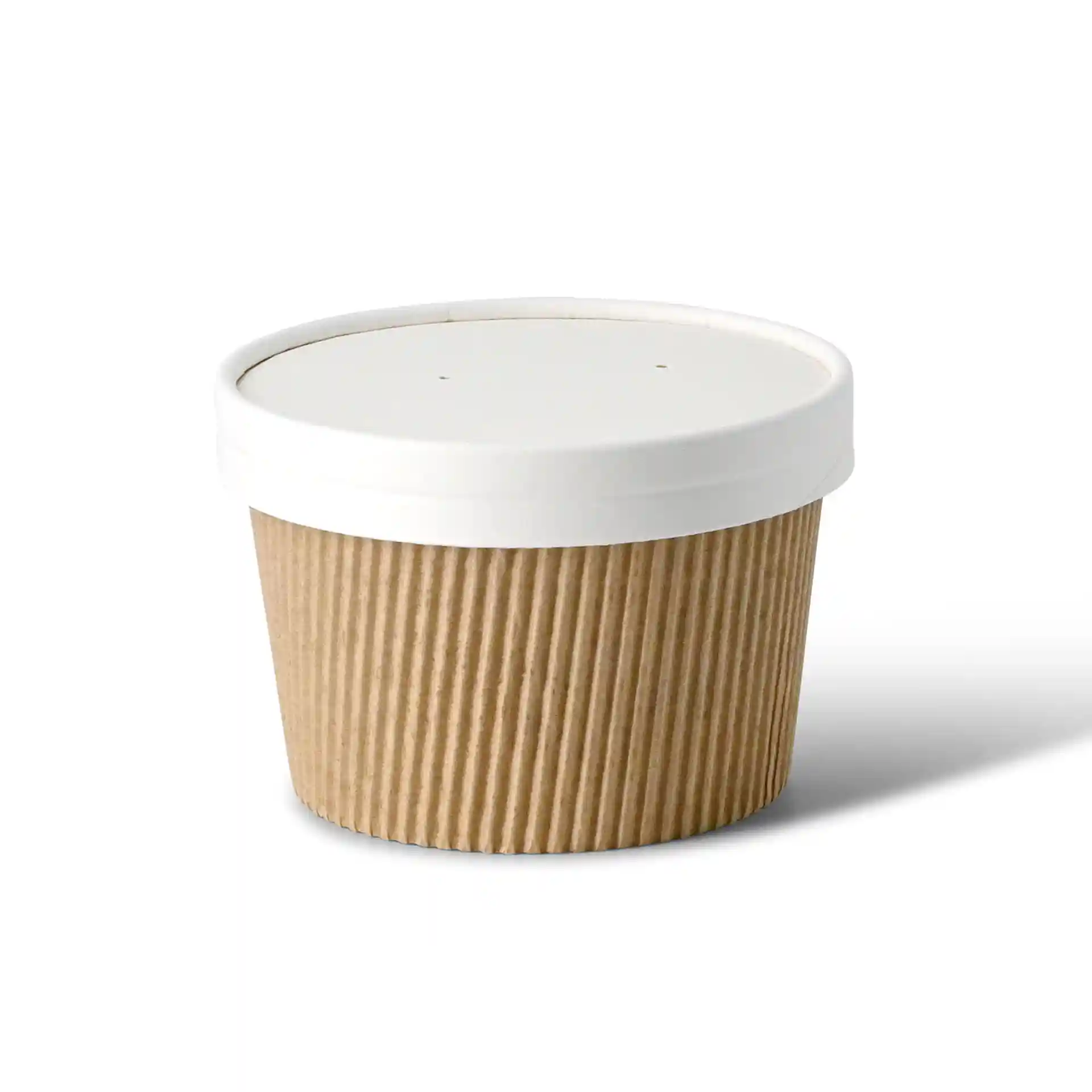 Contenitore di cartone rotondo con un coperchio bianco, con una texture rigata sui lati.