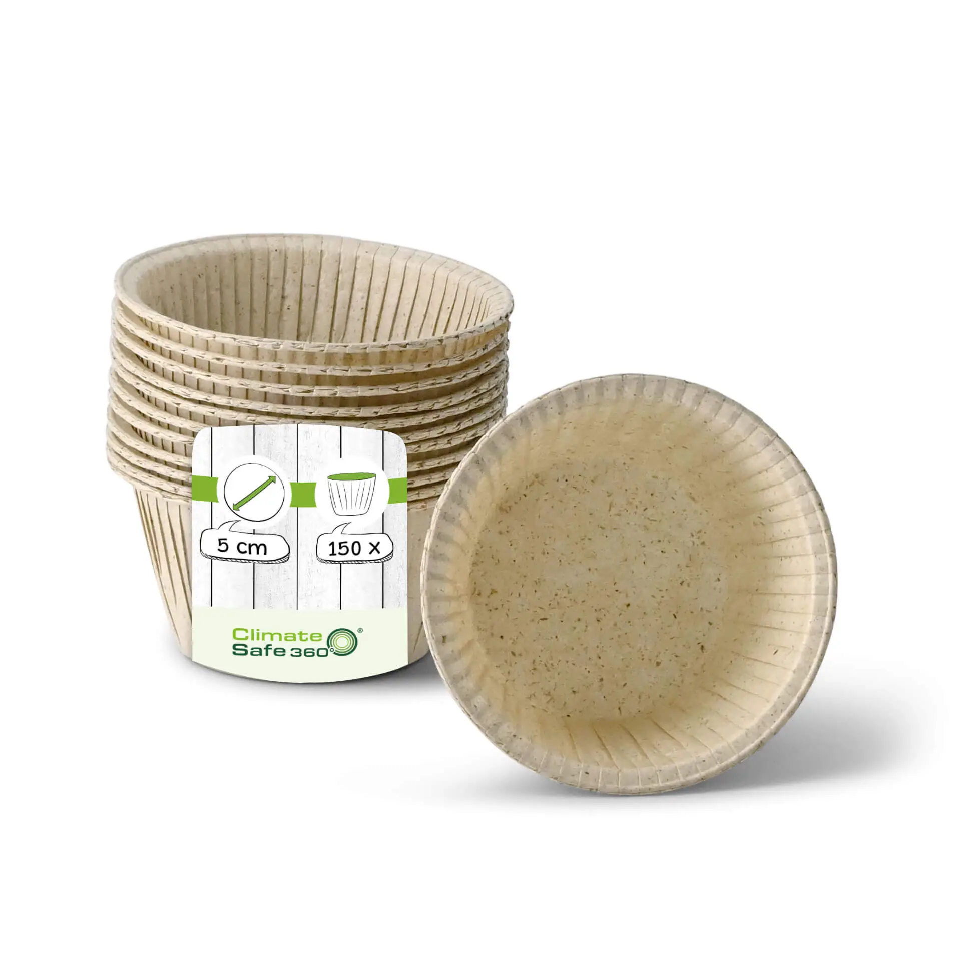 Una copppetta per cupcake circolare marrone in carta di erba, 5 cm di diametro, con diverse coppette simili sullo sfondo.