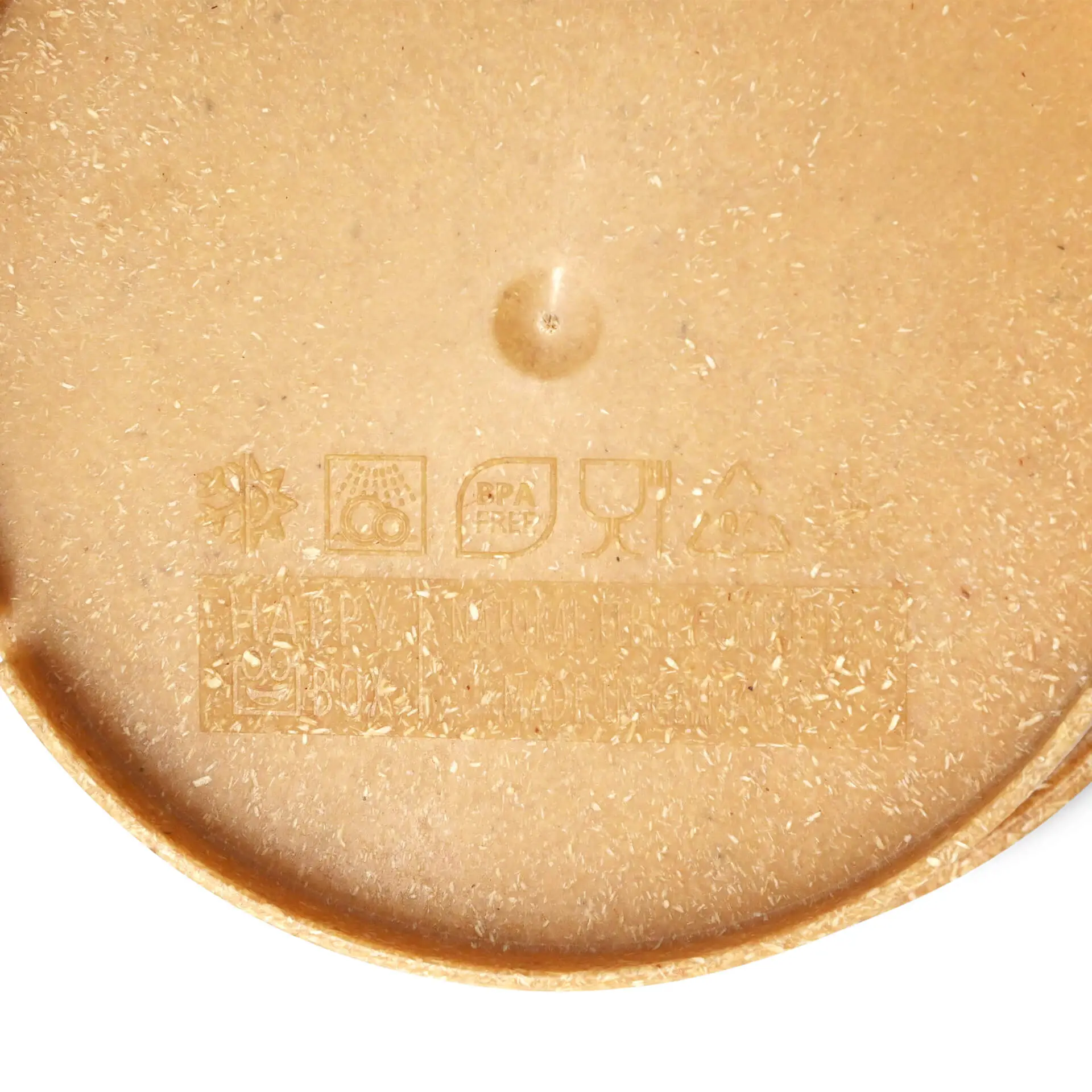 Ciotola 'merways' riutilizzabile di colore caramello, adatta per piatti caldi e freddi, con marcature identificative sulla base.