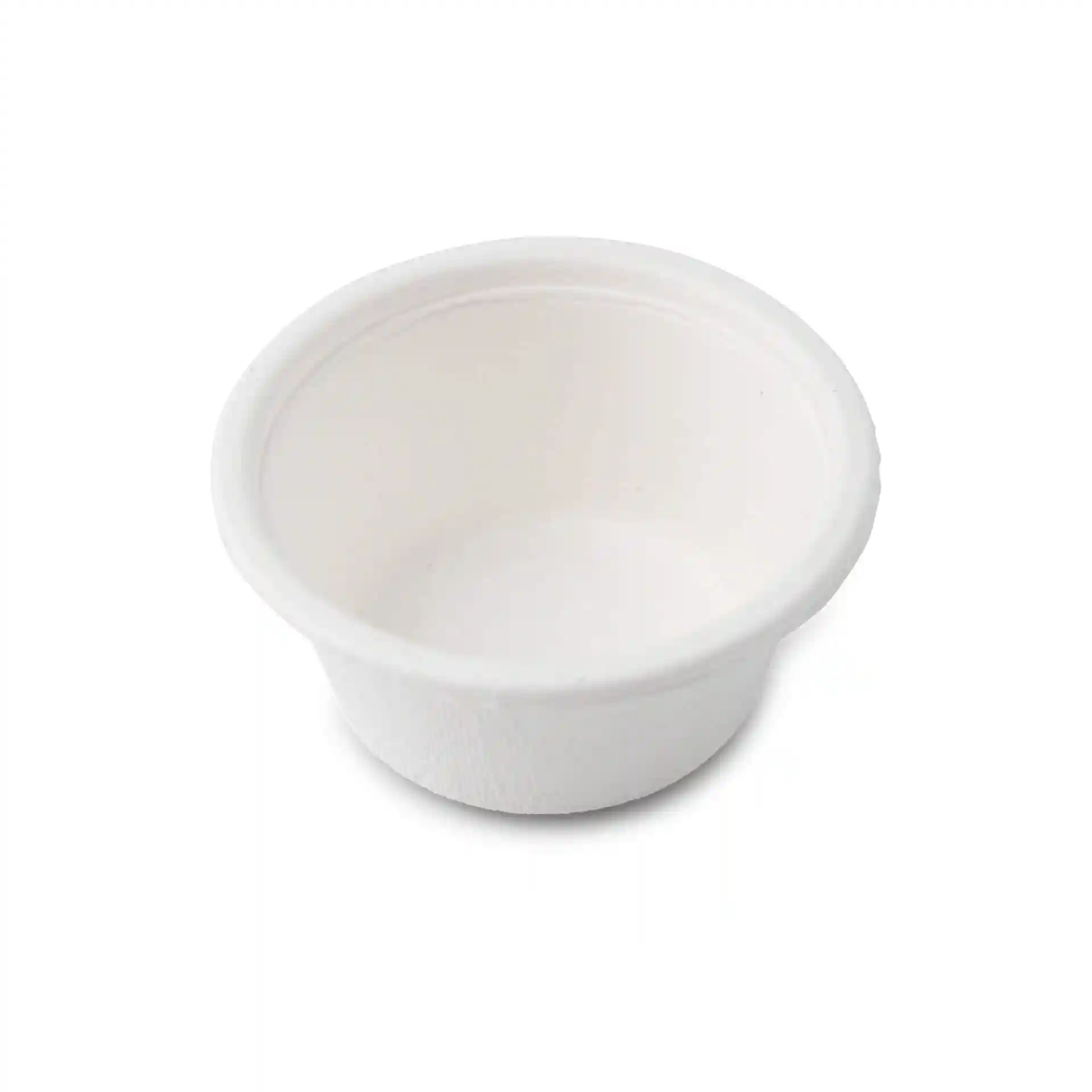 Bicchiere rotondo bianco in bagassa con un diametro di 62 mm e un'altezza di 30 mm, adatto per 50 ml.