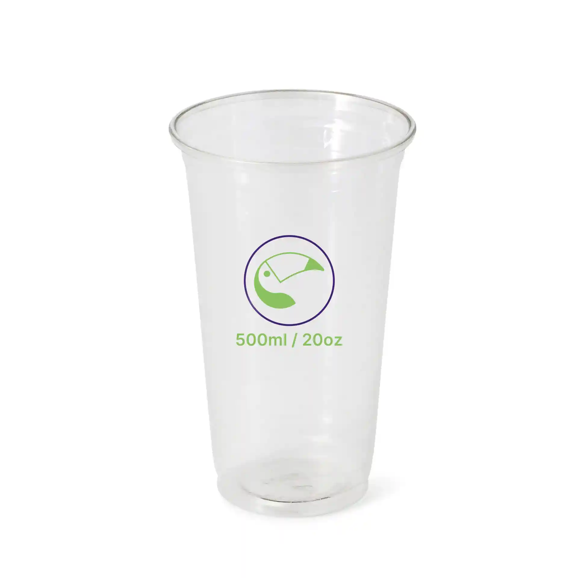 Bicchiere rPET trasparente da 20 oz con simbolo verde e viola stampato, che indica un volume di 500 ml / 20 oz.